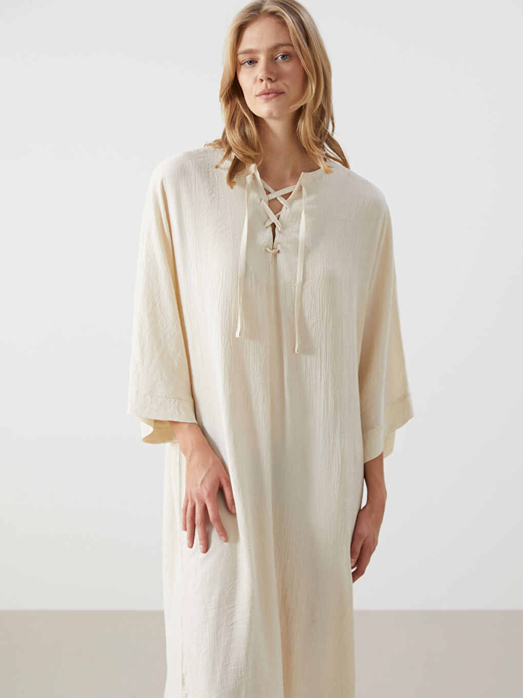 Tie Neck Textured Oversize Dress-1