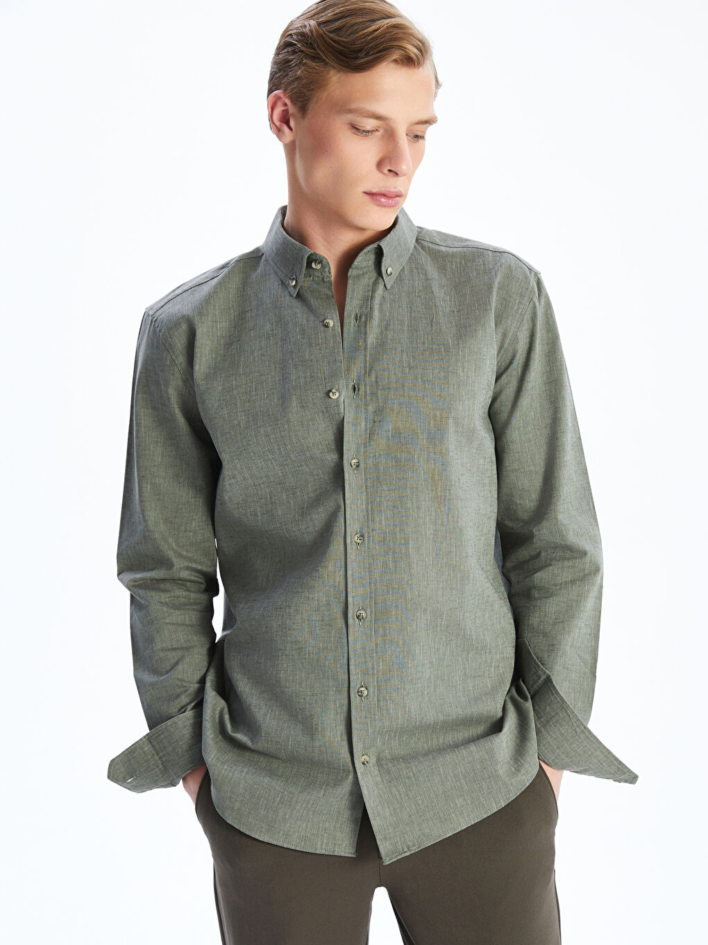Regular Fit Long Sleeve Linen Blend Men's Shirt -S59361Z8-Z3V