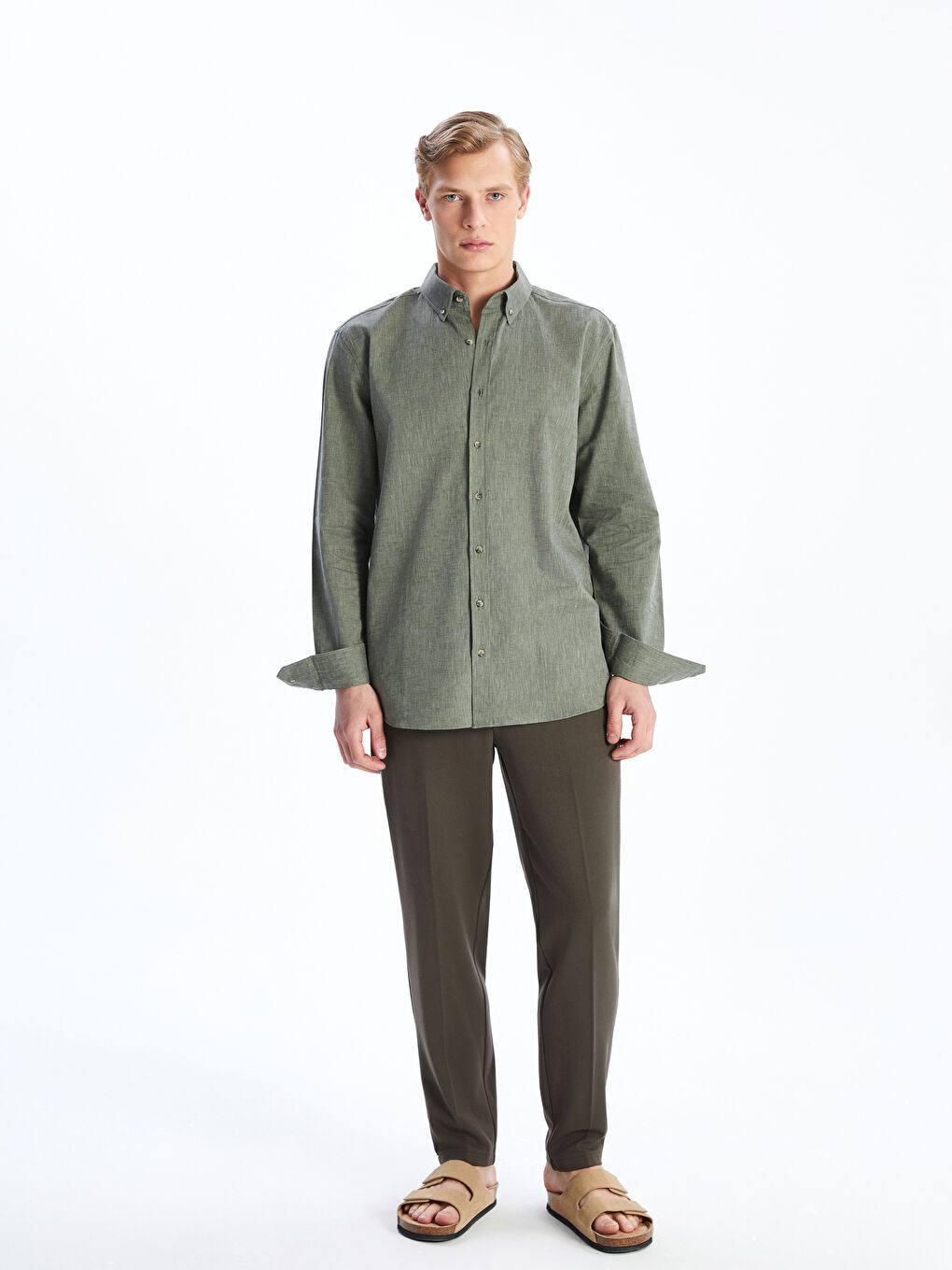 Regular Fit Long Sleeve Linen Blend Men's Shirt -S59361Z8-Z3V