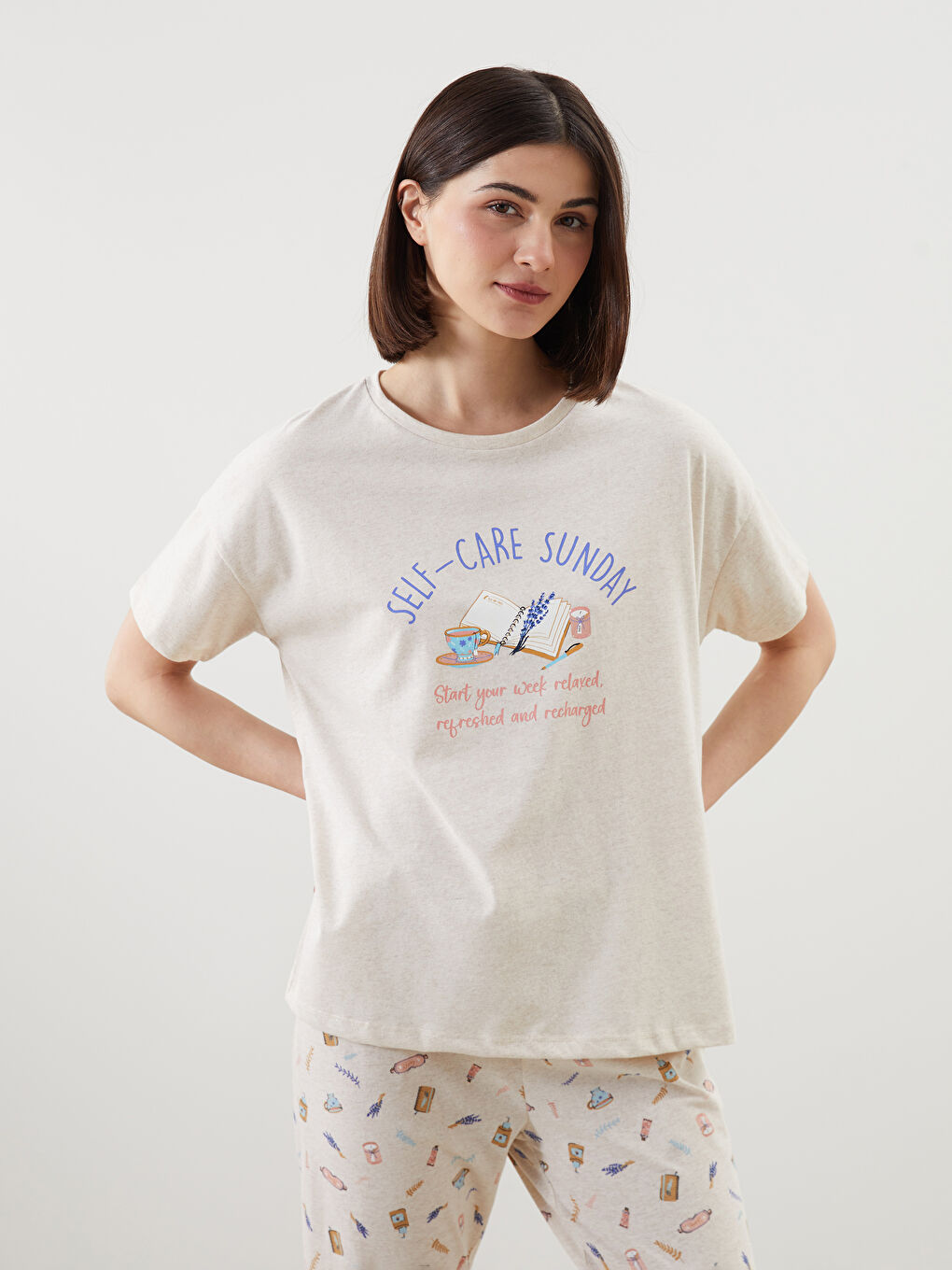 LCW DREAM Bej Bisiklet Yaka Baskılı Kadın Pijama Takımı - 1