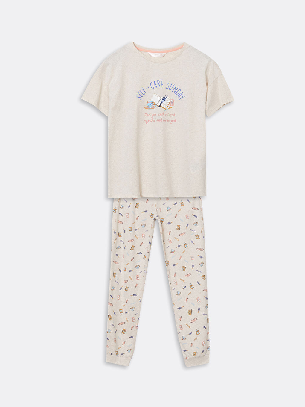 LCW DREAM Bej Bisiklet Yaka Baskılı Kadın Pijama Takımı - 4