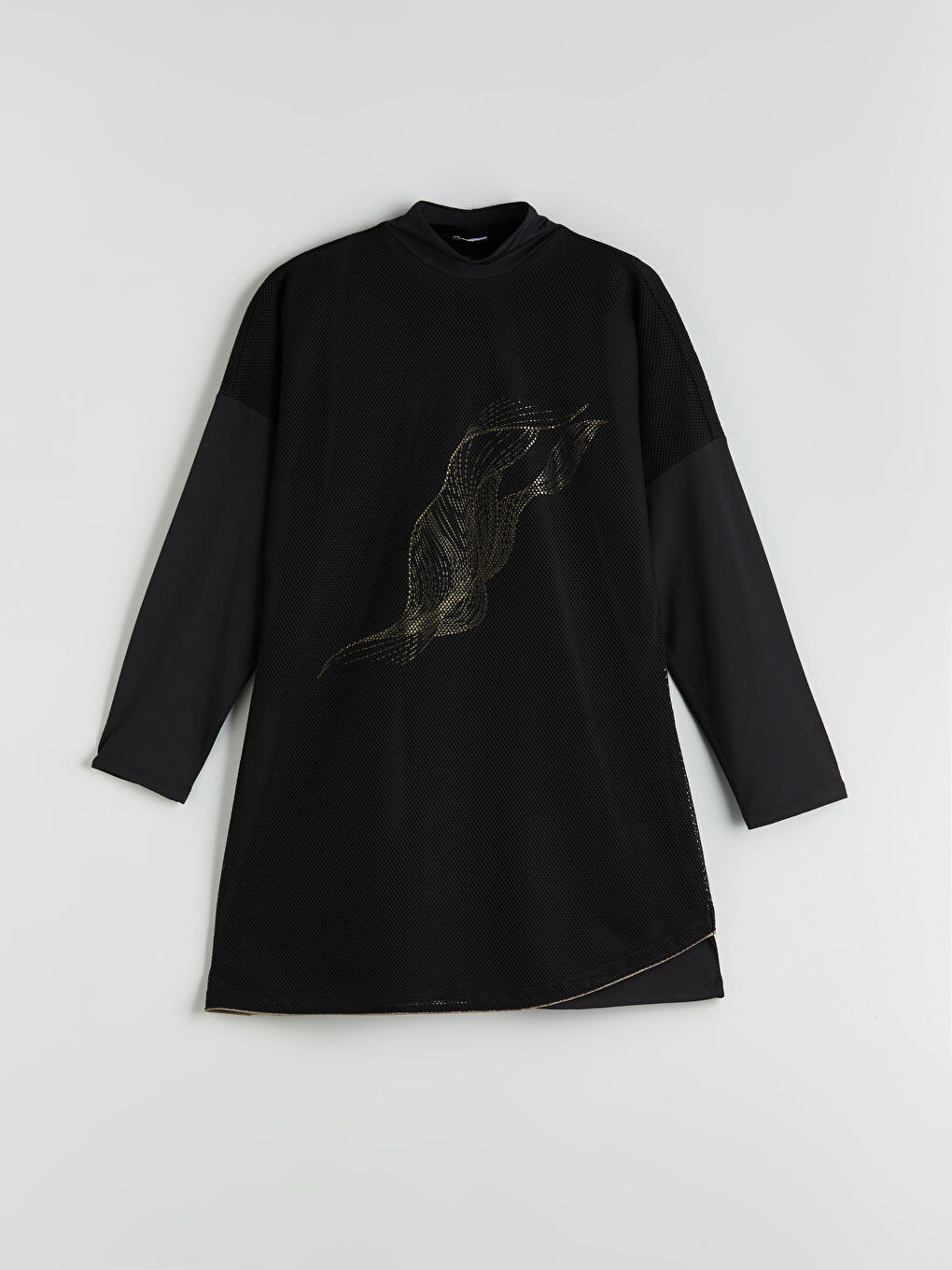 Siyah Dik Yaka Baskılı Kadın Tesettür Mayo Üst