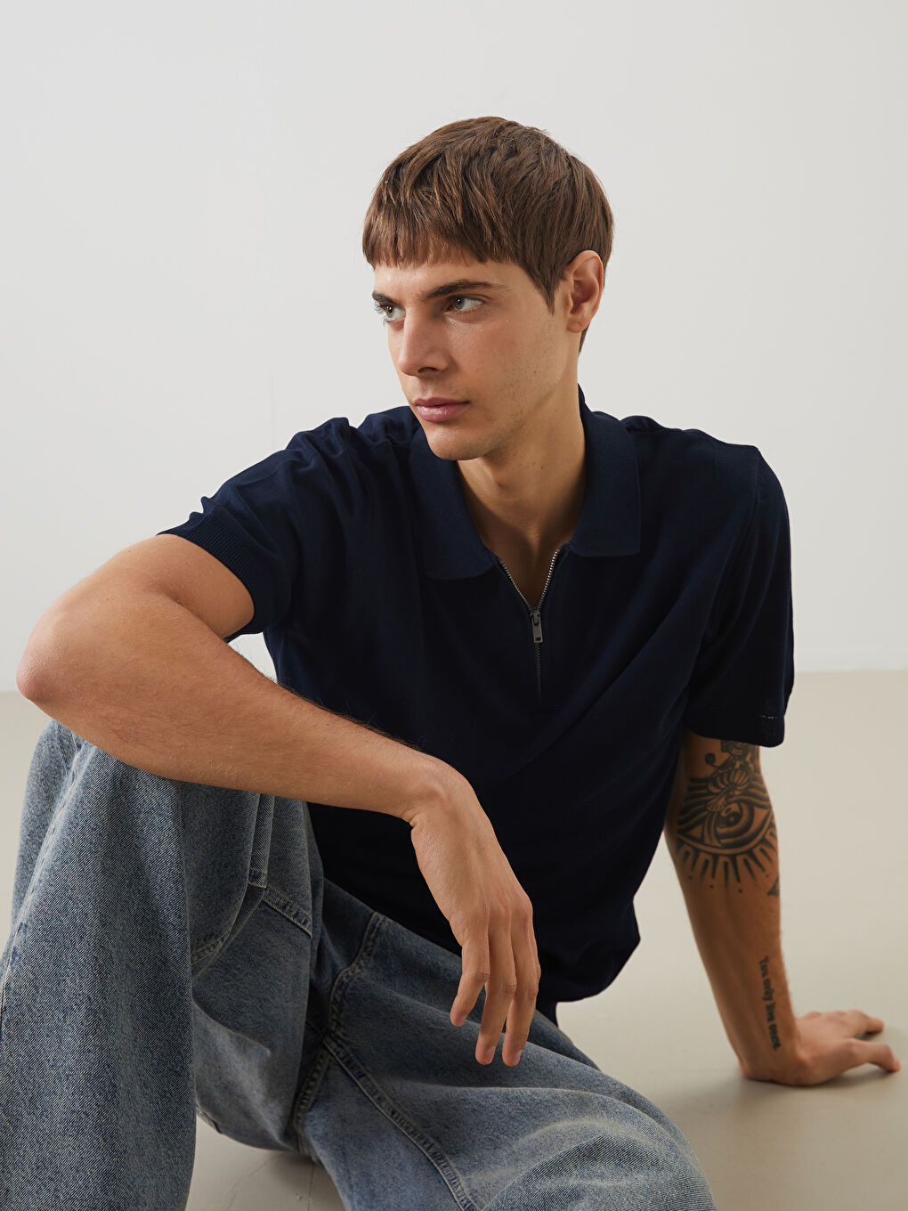 Polo Neck Short Sleeve Men's Knitwear Sweater