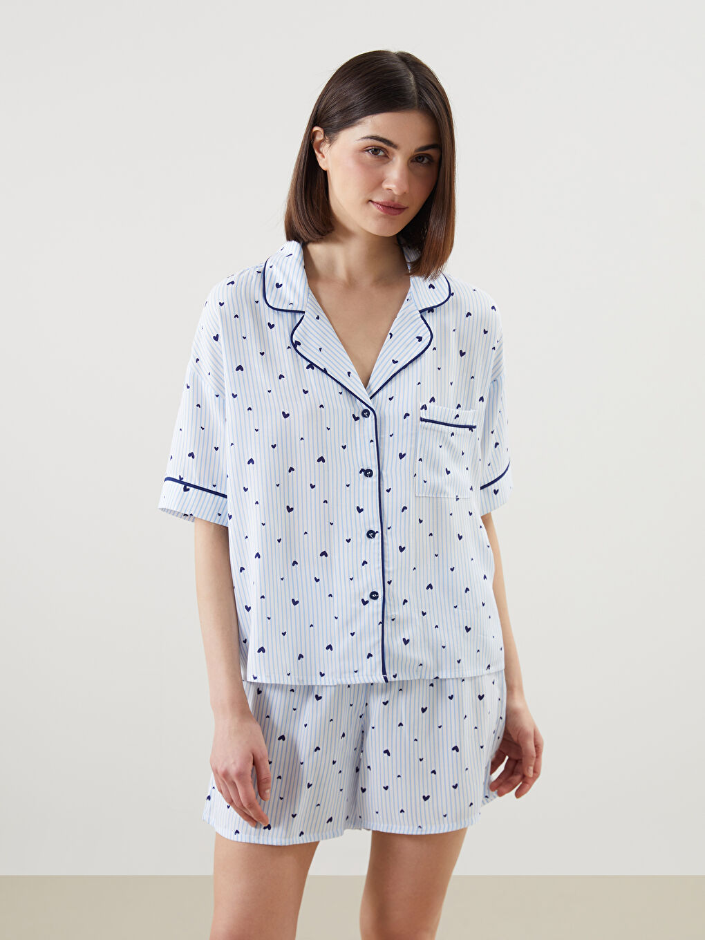 Shirt Collar Patterned Short Sleeve Women's Shorts Pyjamas Set -S59587Z8-LEN