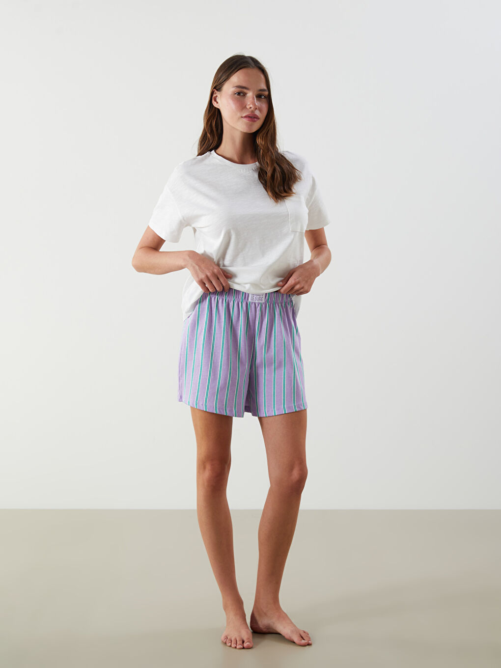 LCW DREAM Lila Beli Lastikli Çizgili Kadın Şort Pijama Altı