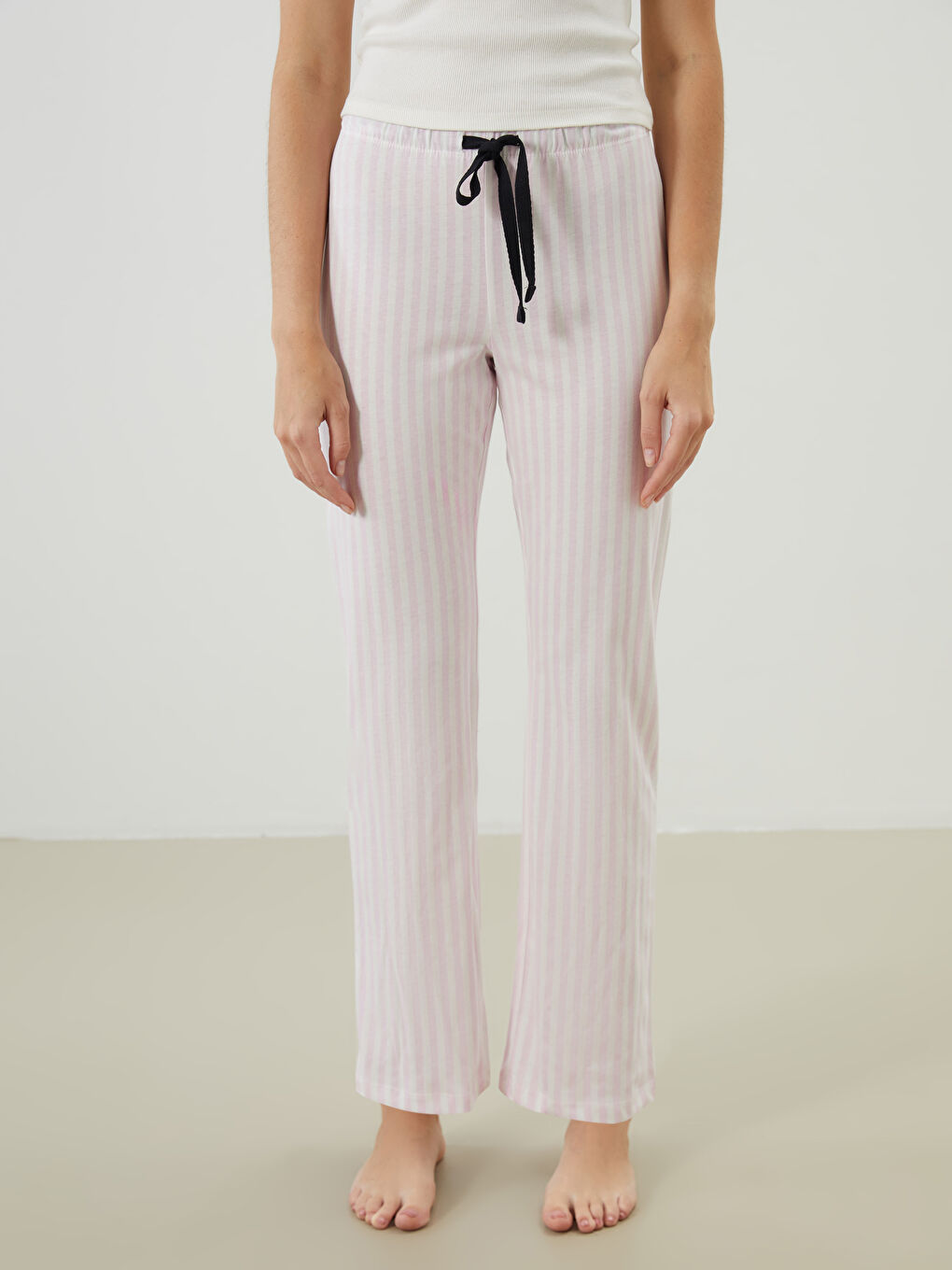 Ekru Beli Lastikli Çizgili Kadın Pijama Alt-1