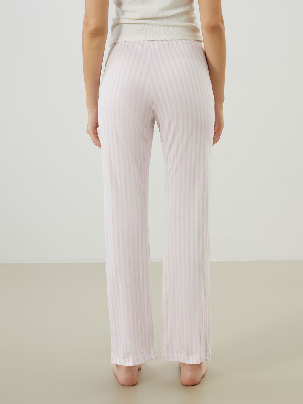 Ekru Beli Lastikli Çizgili Kadın Pijama Alt-3