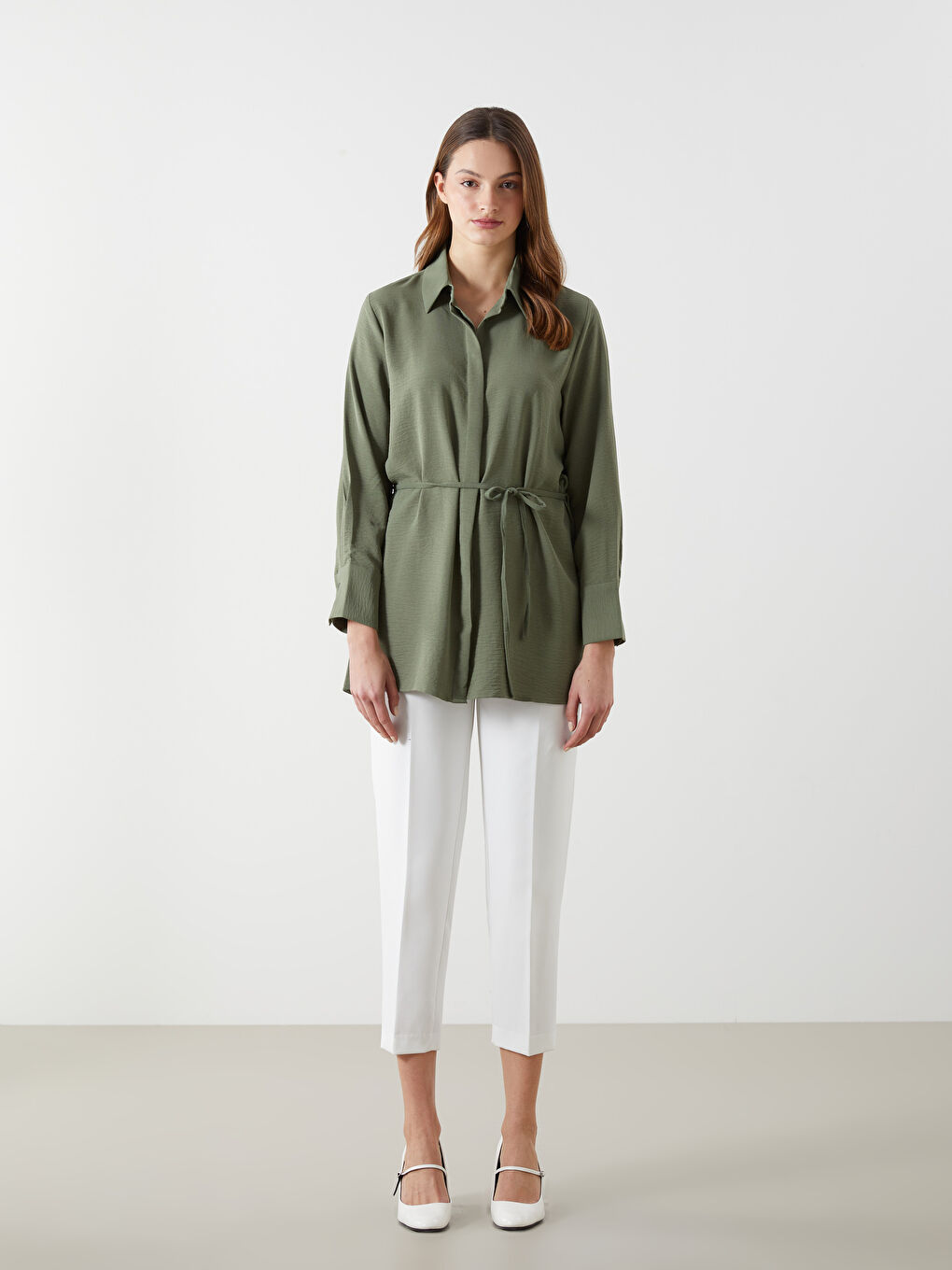 Plain Sashed Women's Shirt Tunic -S59771Z8-YVX