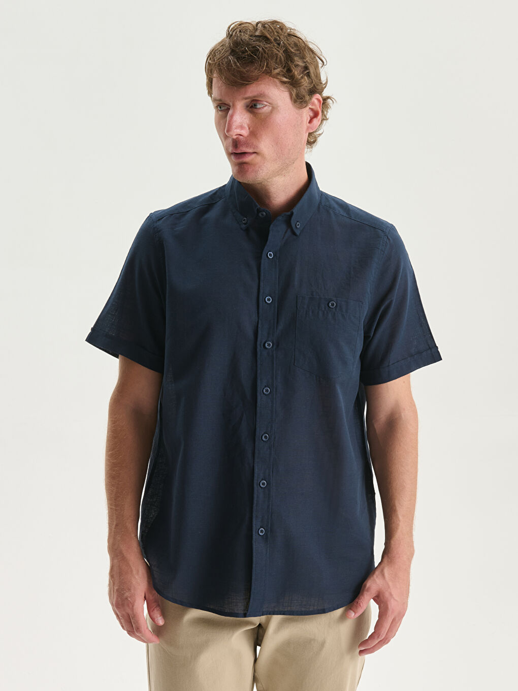 Regular Fit Short Sleeve Linen Blend Men's Shirt