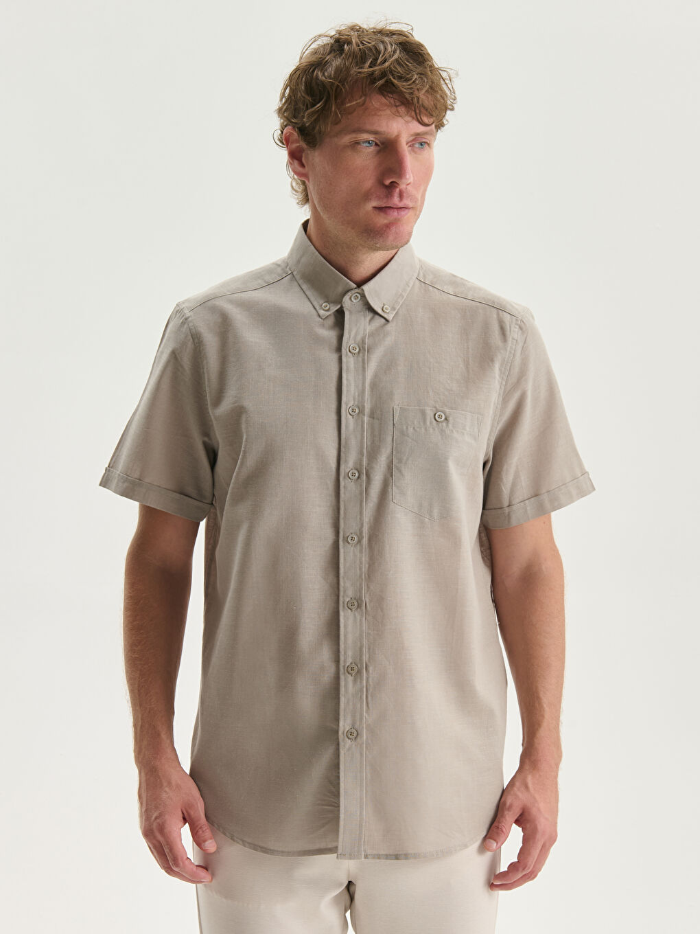 Regular Fit Short Sleeve Linen Blend Men's Shirt