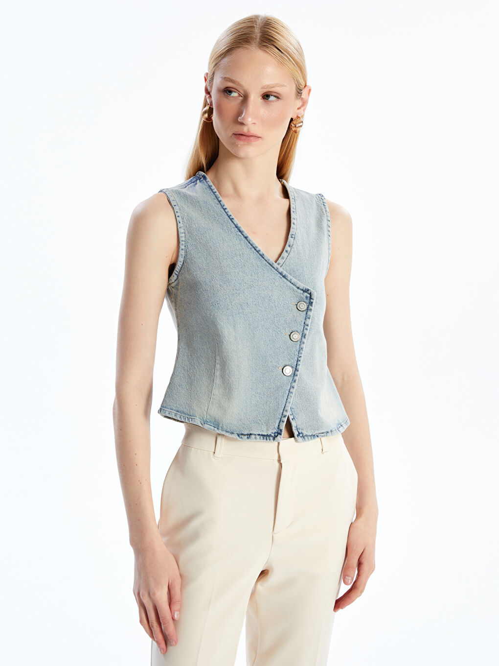 LCW Vision V Neck Women's Denim Waistcoat -S59844Z8-507