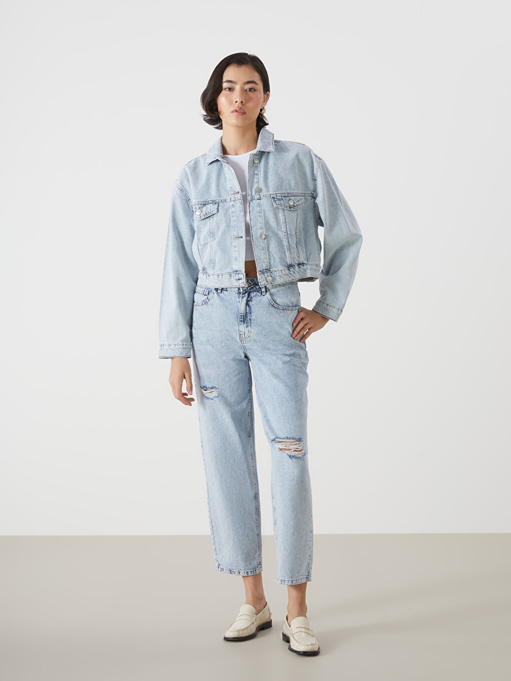 Shirt Collar Oversize Crop Women's Jean Jacket -S59898Z8-311