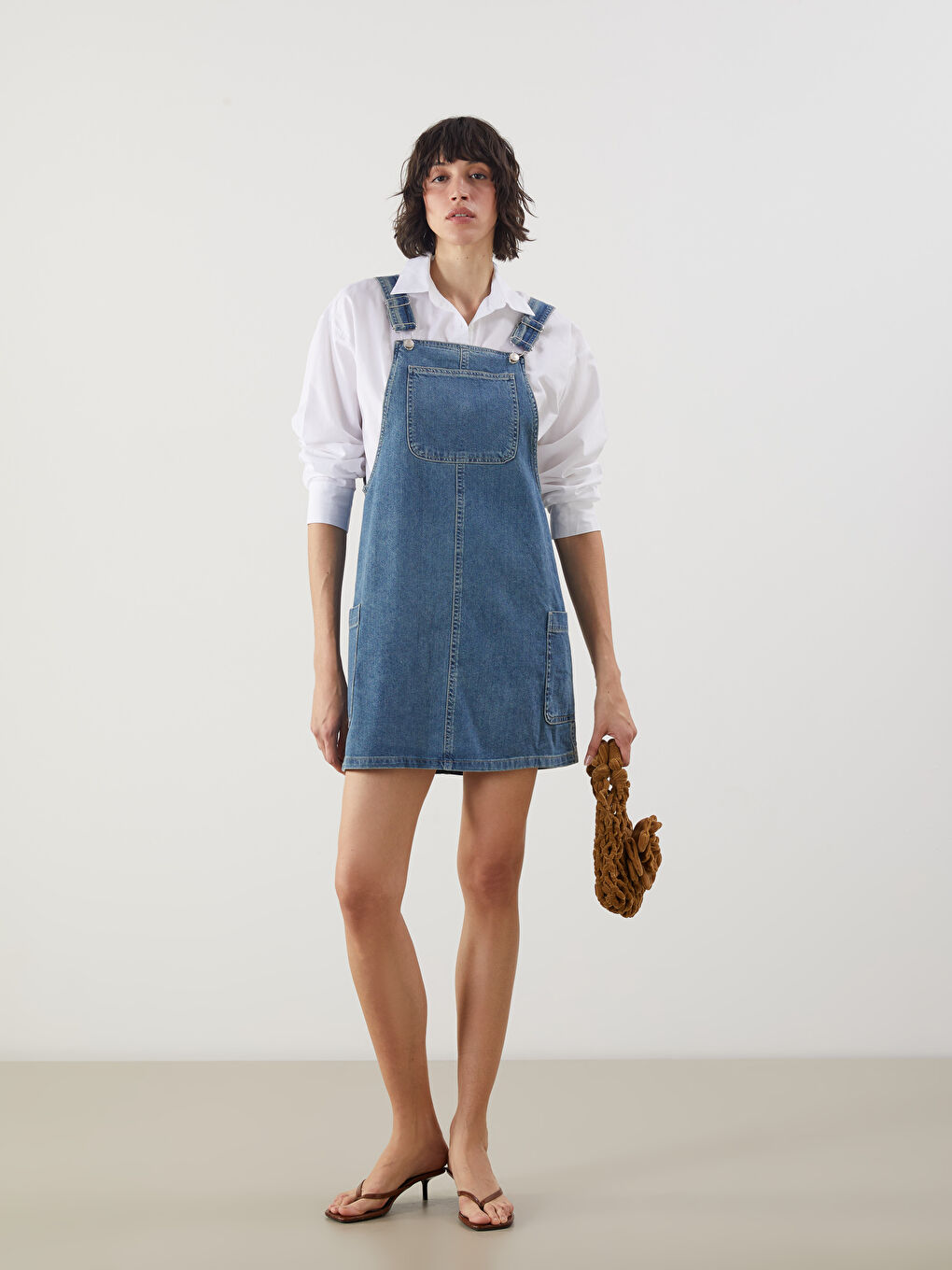 İndigo Kare Yaka Kadın Jean Salopet Elbise-1