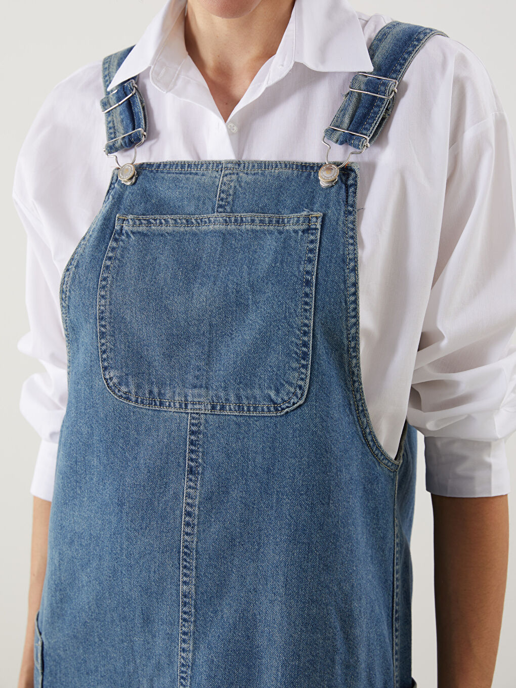 İndigo Kare Yaka Kadın Jean Salopet Elbise-2