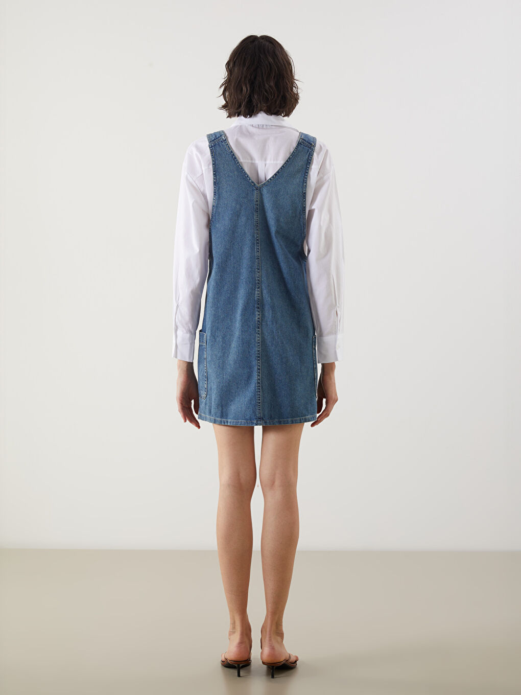 İndigo Kare Yaka Kadın Jean Salopet Elbise-3