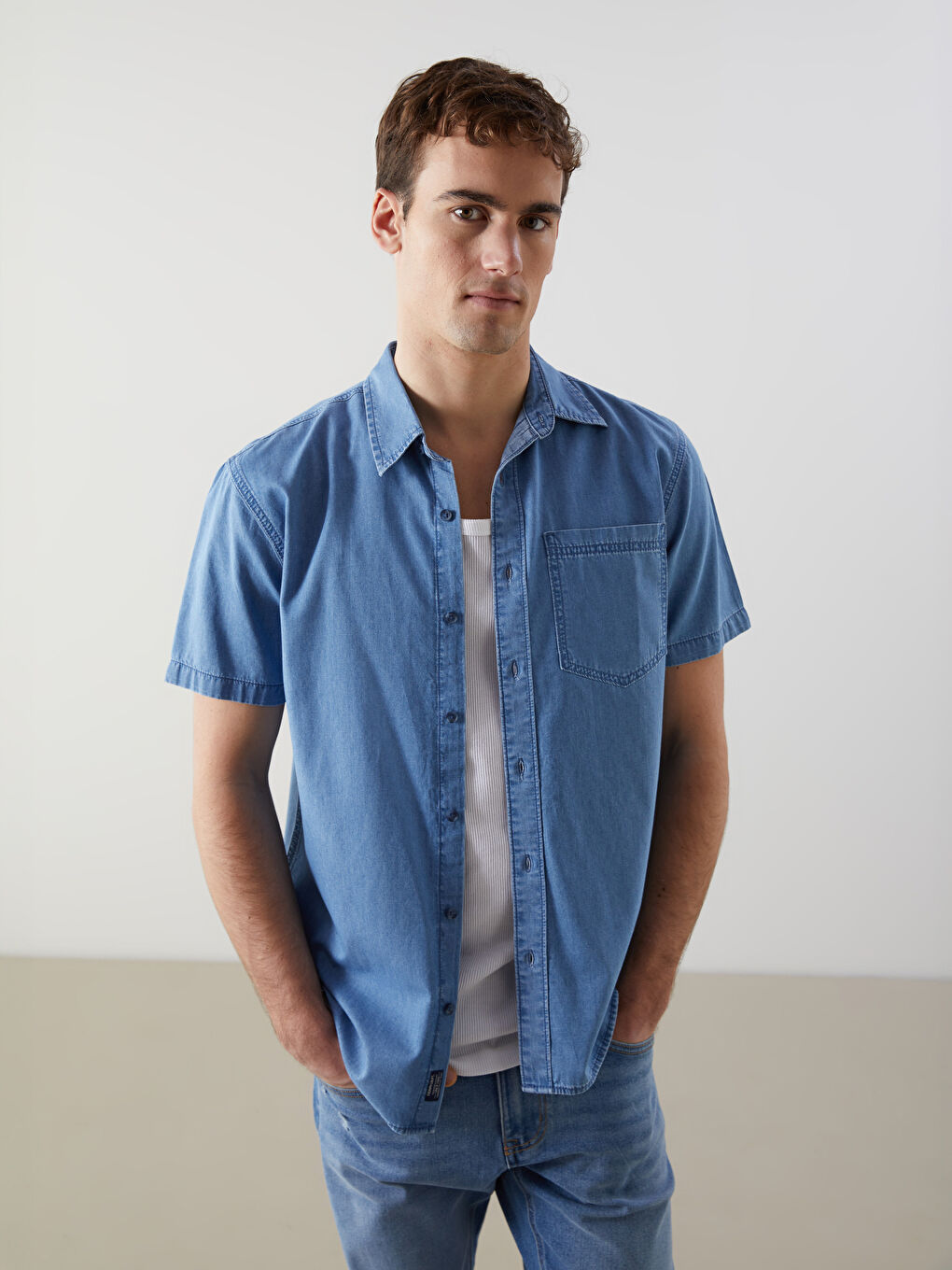 Regular Fit Short Sleeve Men's Denim Shirt -S59972Z8-H45