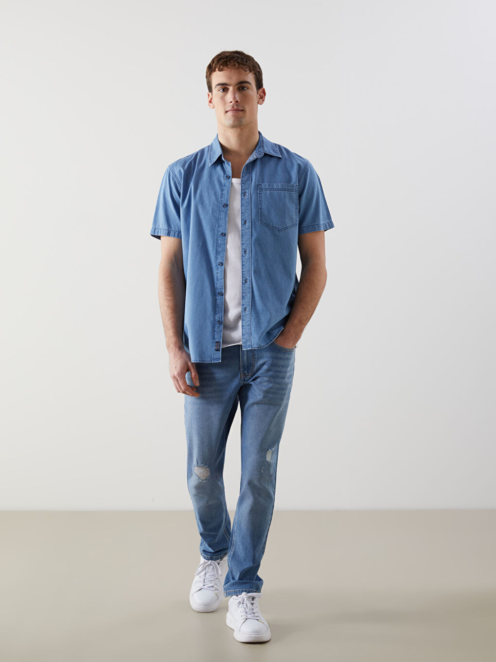 Regular Fit Short Sleeve Men's Denim Shirt -S59972Z8-H45