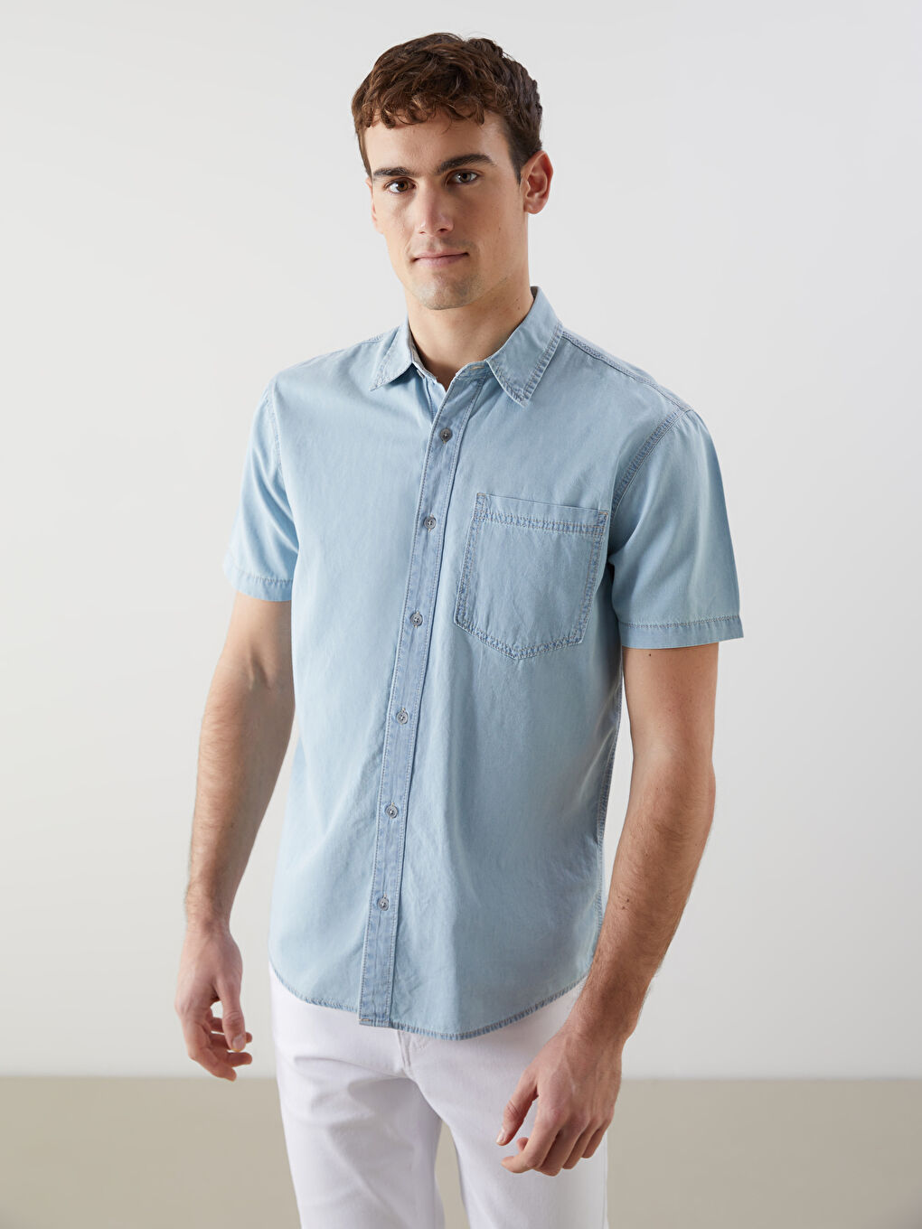 Regular Fit Short Sleeve Men's Denim Shirt -S59973Z8-311