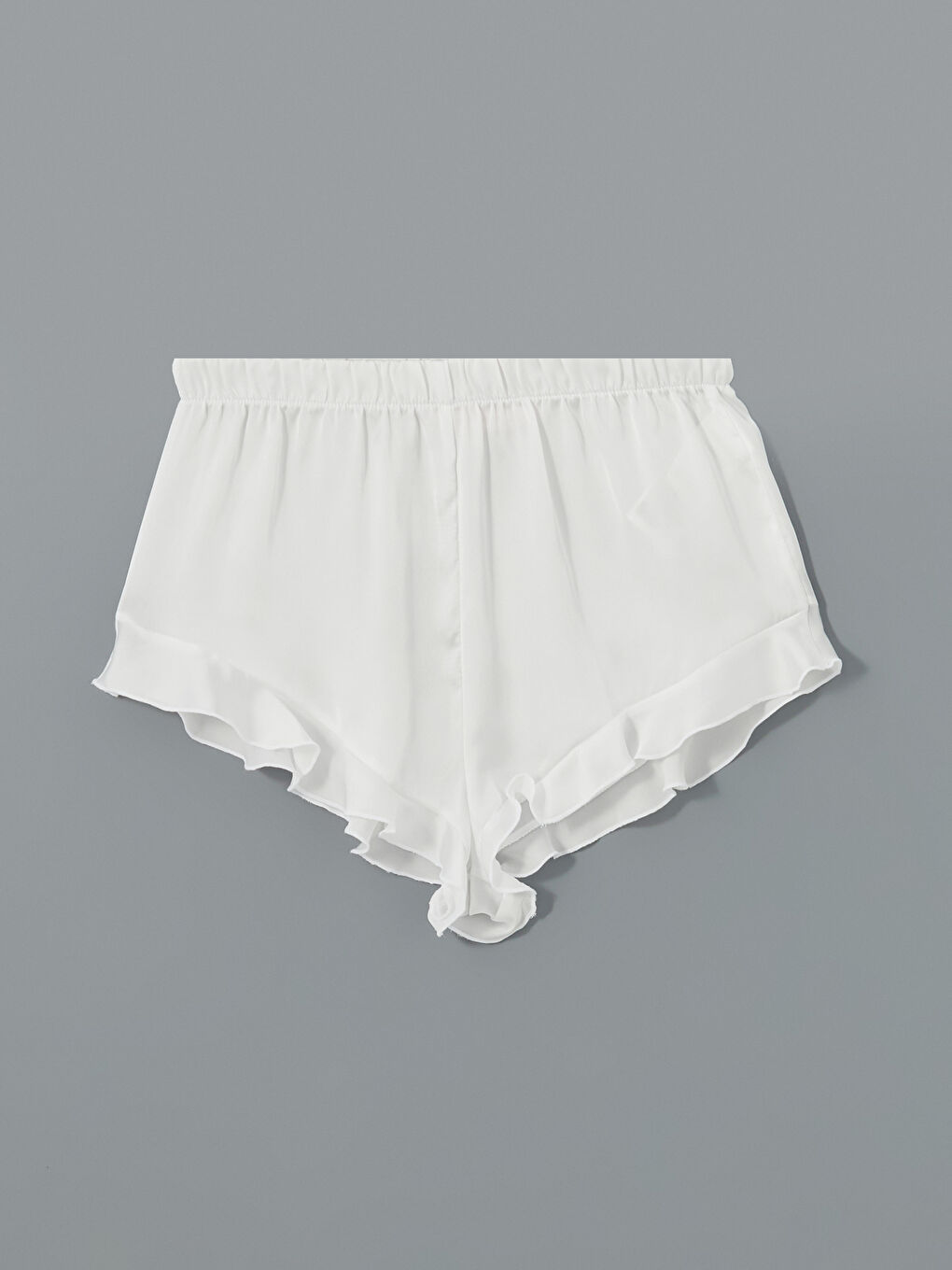 Beyaz Beli Lastikli Fırfırlı Saten Kadın Pijama Altı