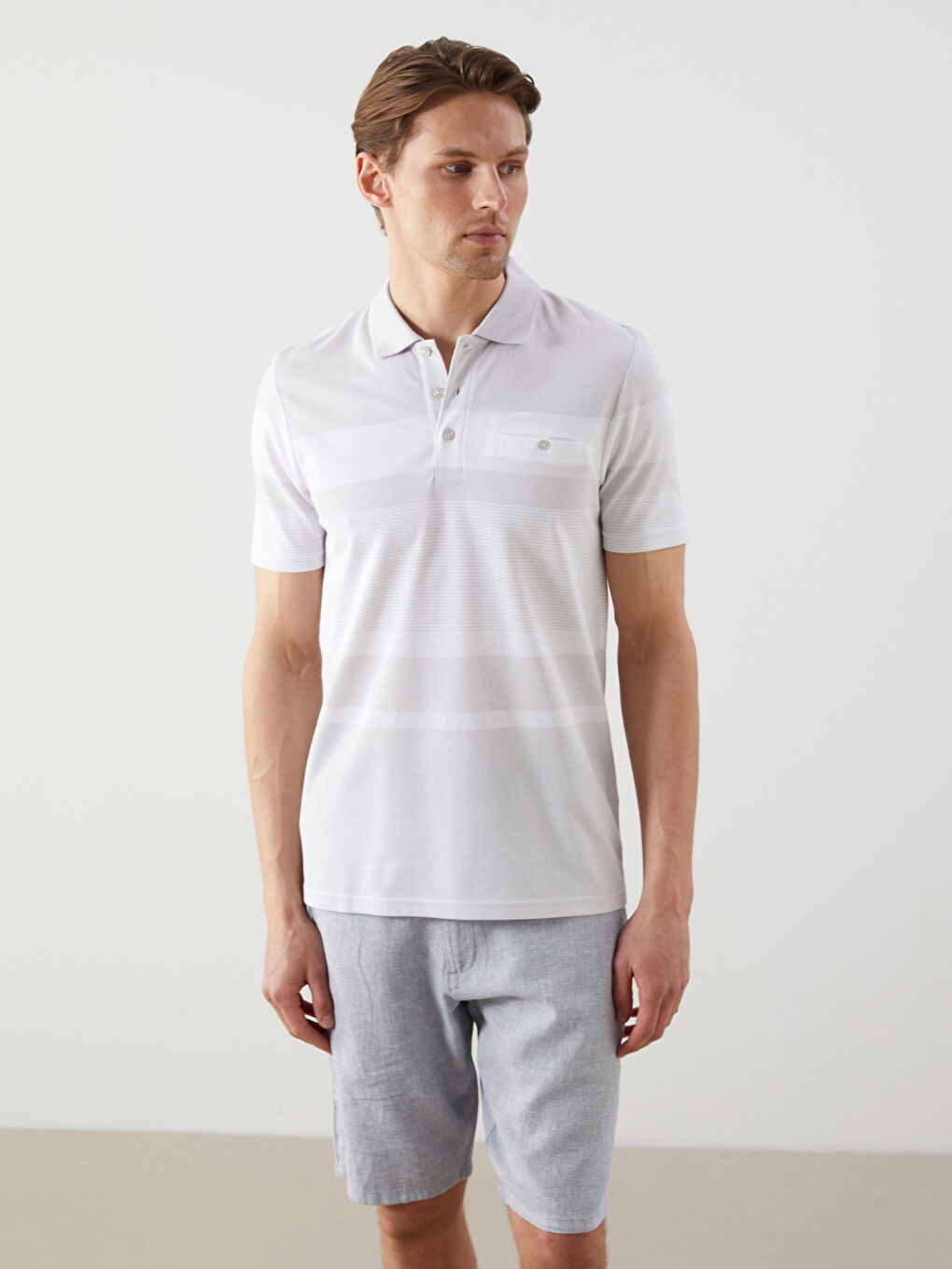 Gri Polo Yaka Çizgili Merserize Görünümlü Erkek Tişört