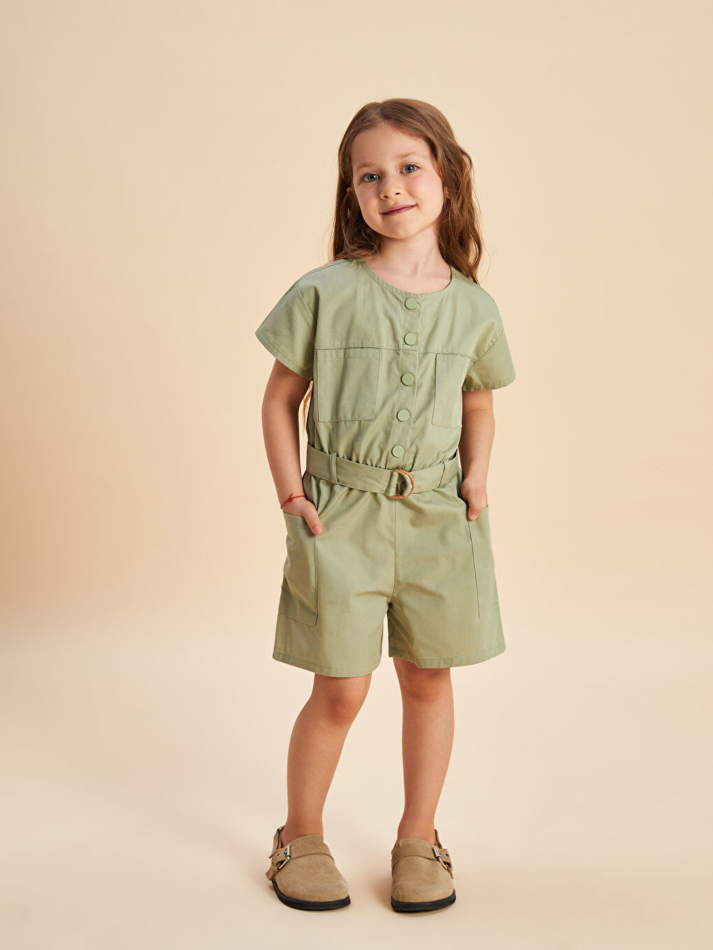 LCW Kids Yeşil Bisiklet Yaka Basic Kız Çocuk Tulum