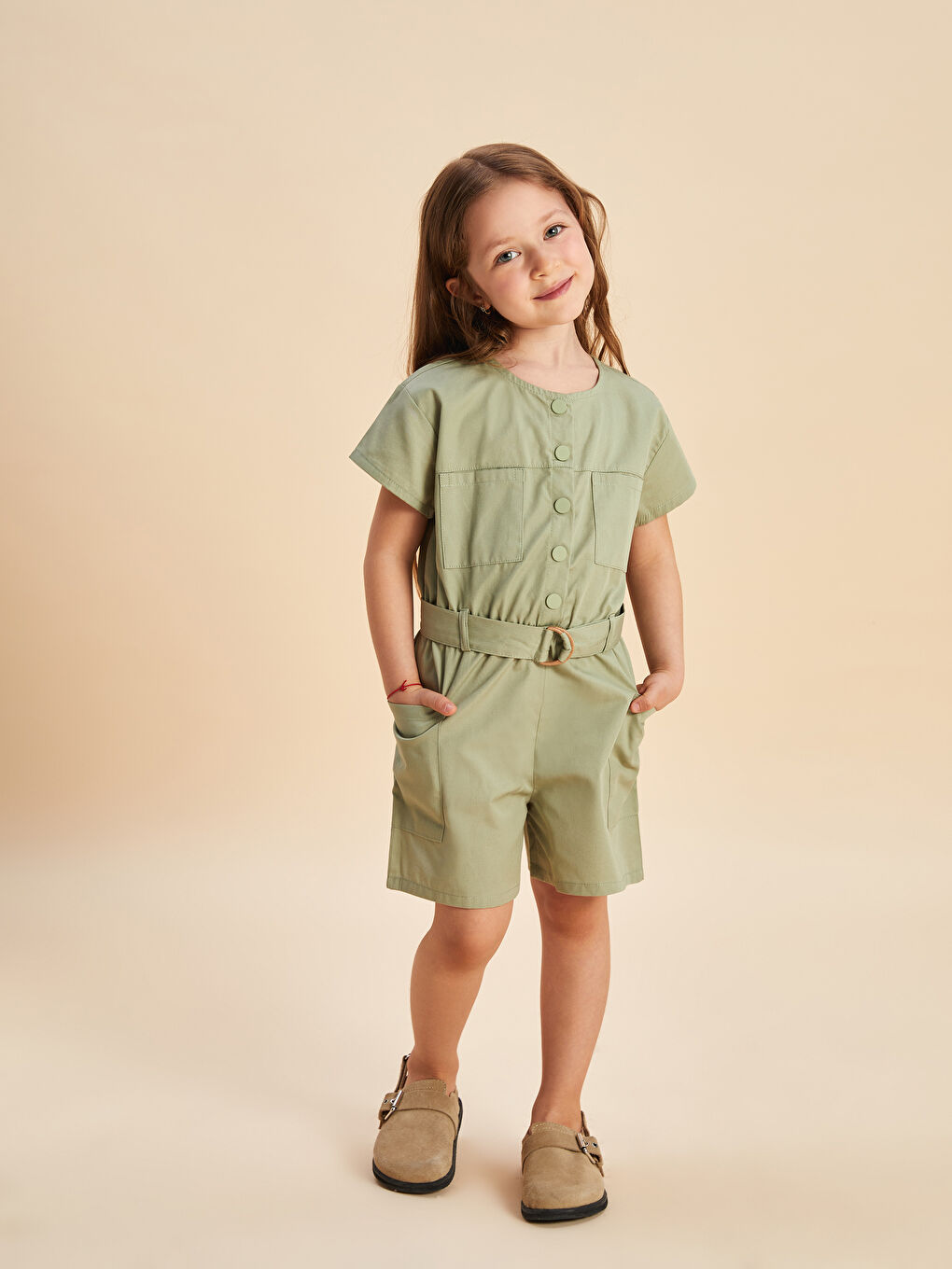 LCW Kids Yeşil Bisiklet Yaka Basic Kız Çocuk Tulum - 1