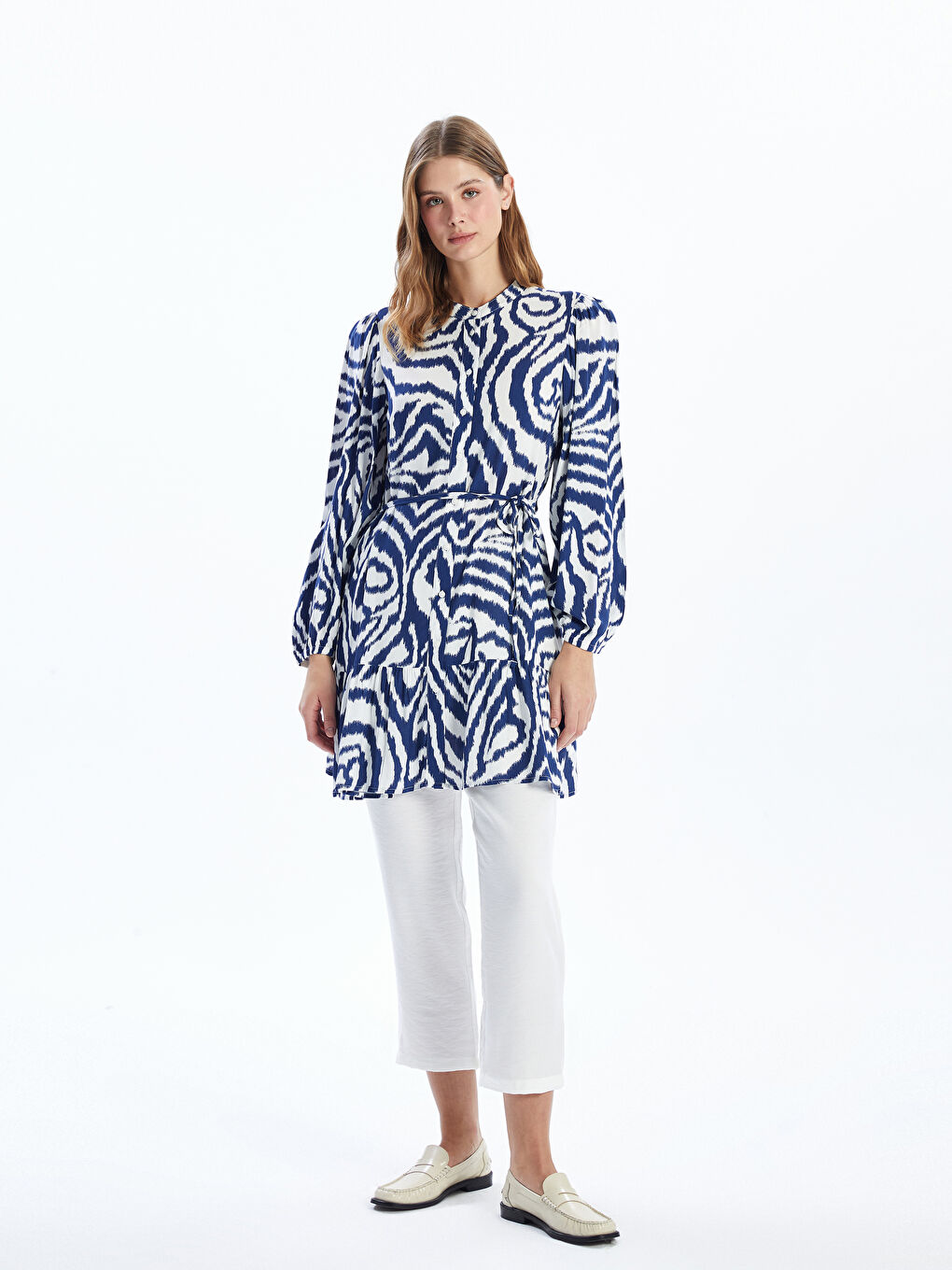 Grandad Collar Patterned Women's Shirt Tunic -S5AC73Z8-LSJ