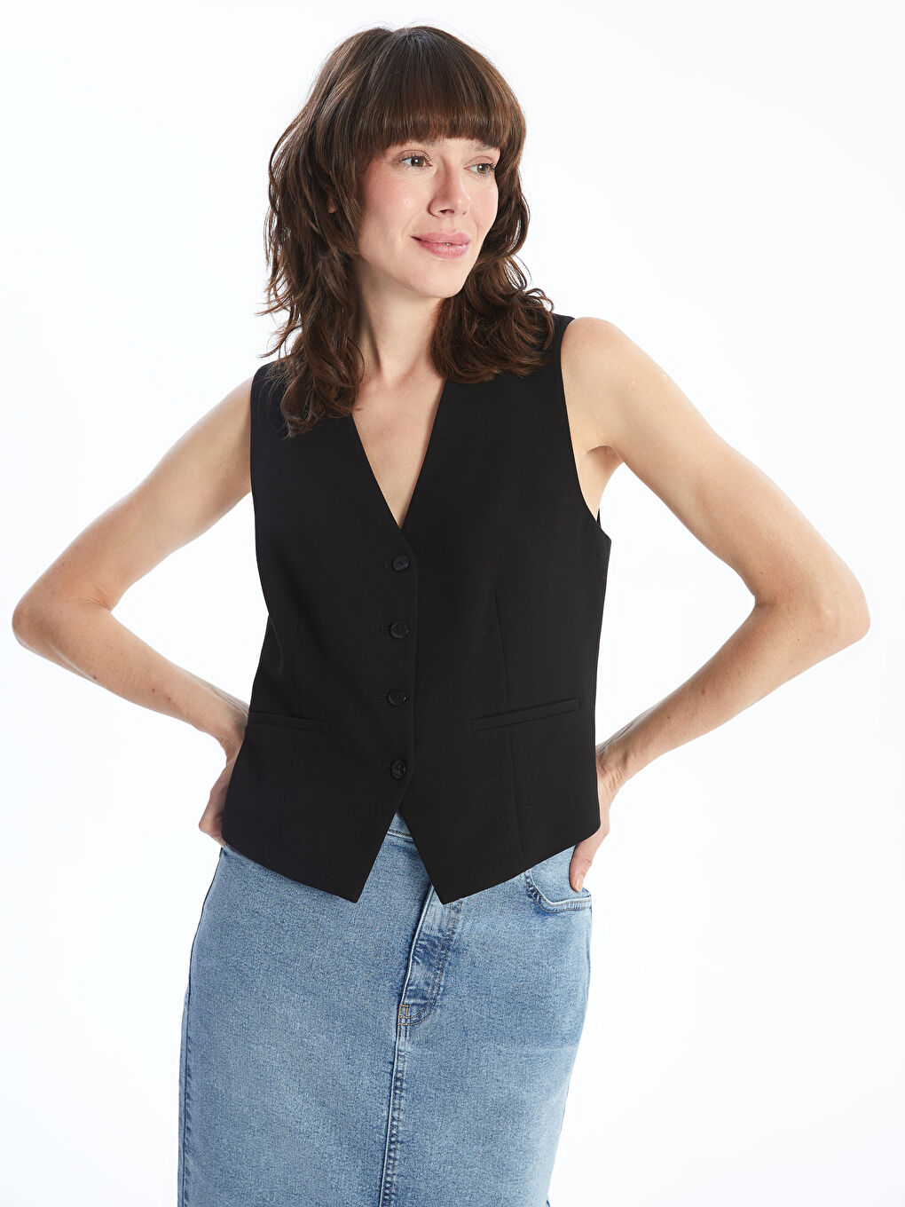 V Neck Women's Classic Waistcoat -S5AD05Z8-CVL