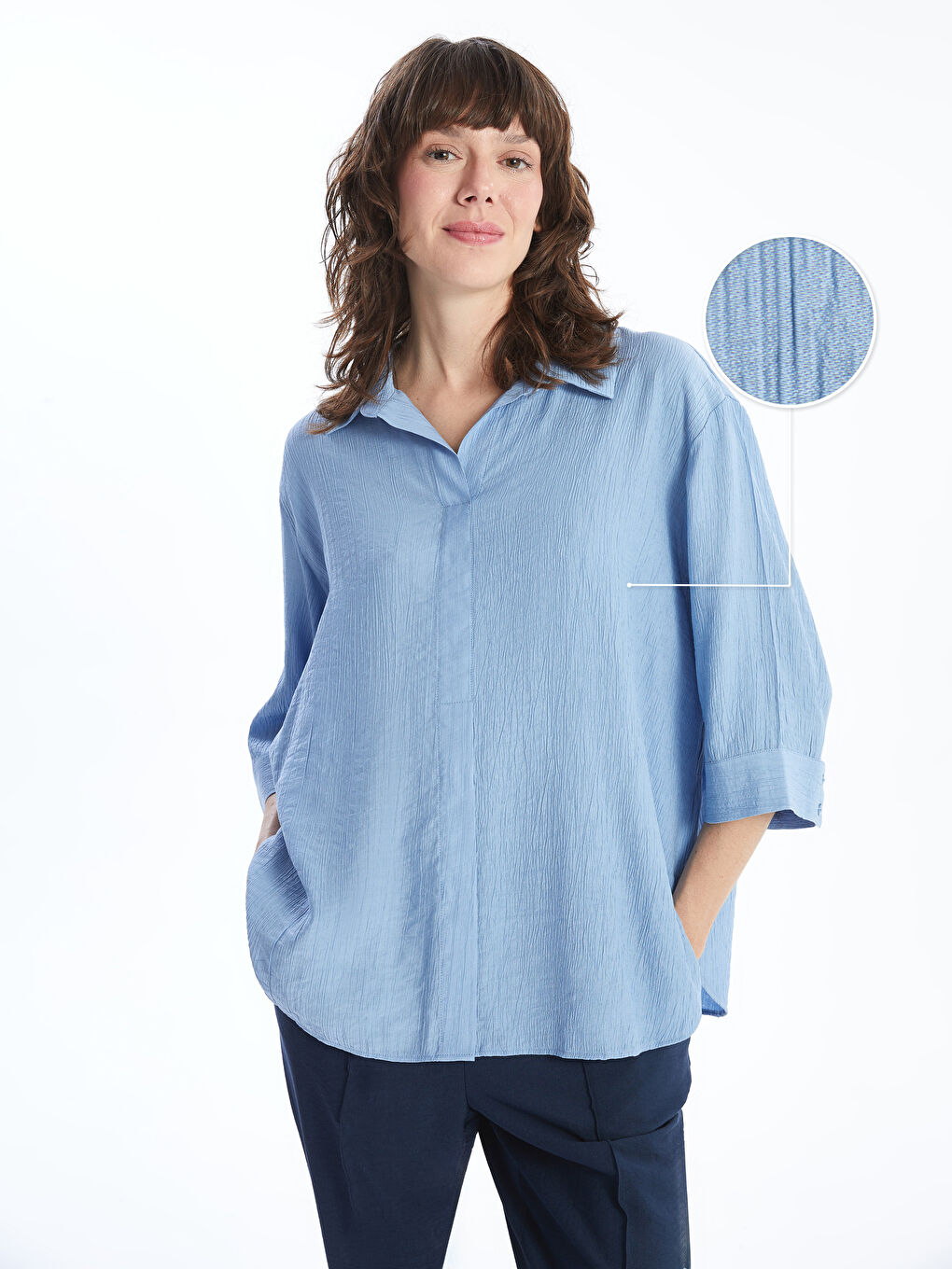 Collared Neck Textured Oversize Women's Blouse