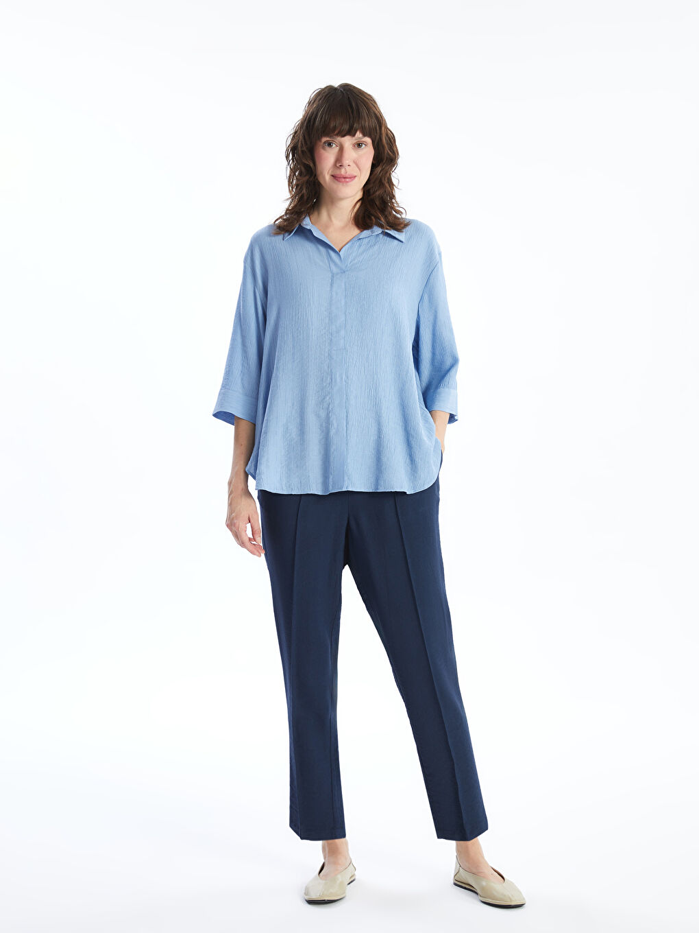 Collared Neck Textured Oversize Women's Blouse-1
