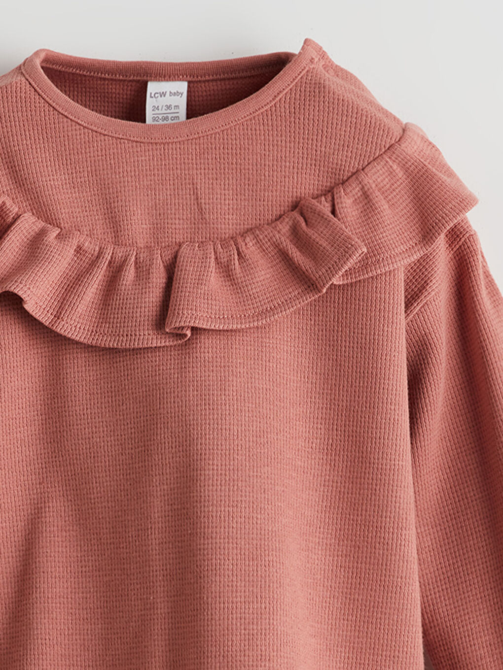 Pembe Bisiklet Yaka Düz Penye Fırfırlı Kız Bebek Tişört-2