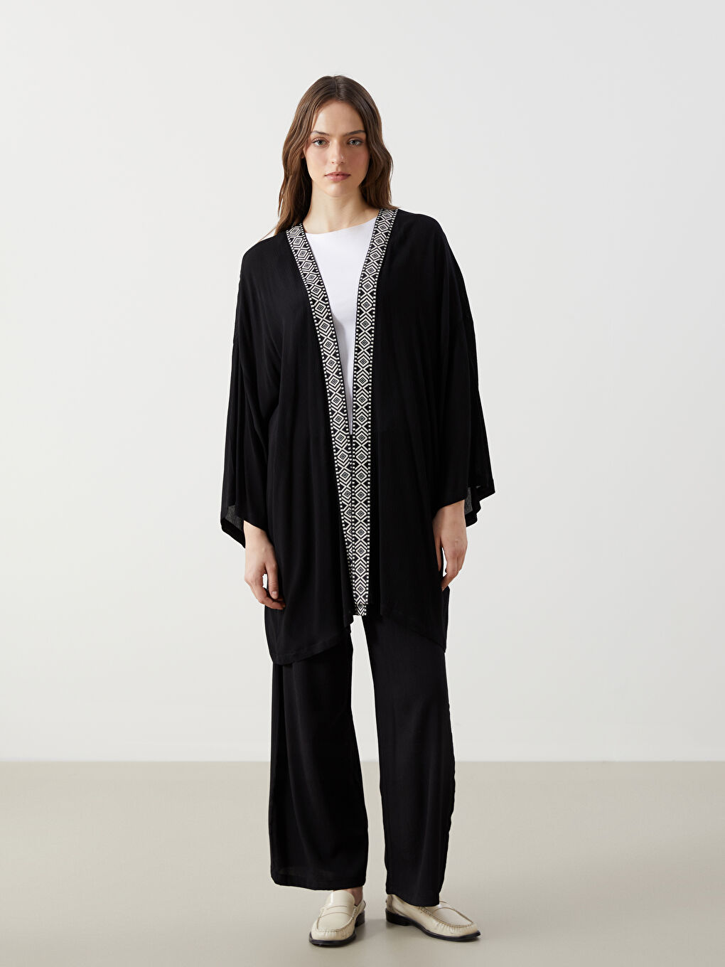 Kimono Oversize Uni à Col Châle pour Femmes-1