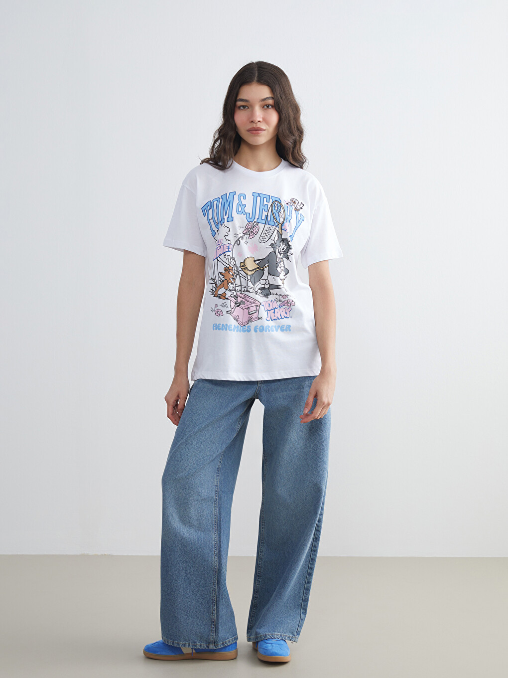 T-shirt Me Jakë Të Rrumbullakët Tom & Jerry E Stampuar Për Gra-1