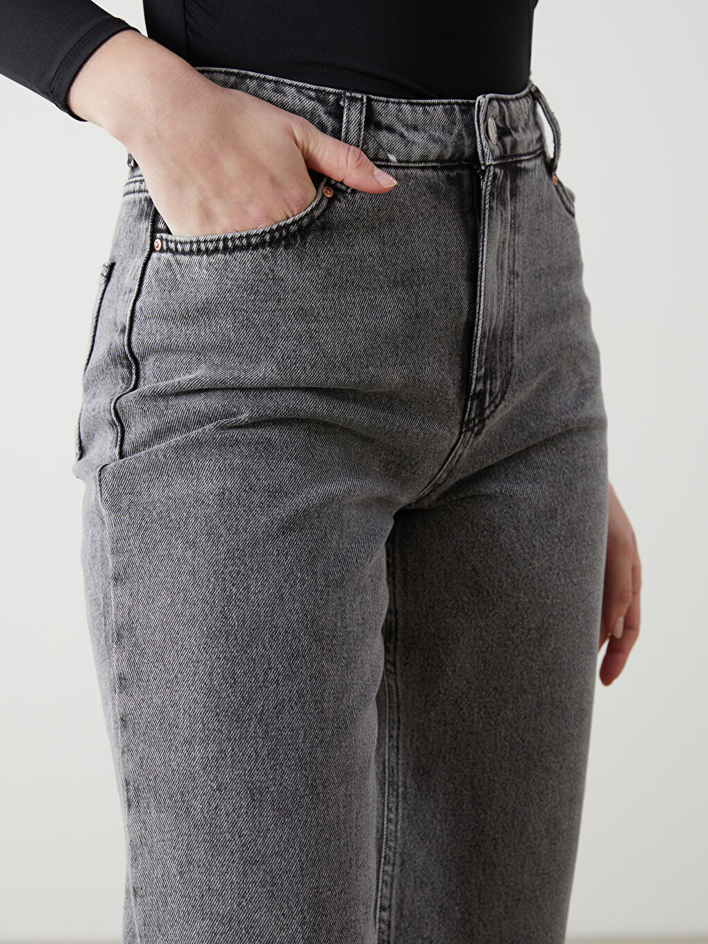 Gri Yüksek Bel Straight Fit Kadın Jean Pantolon-2