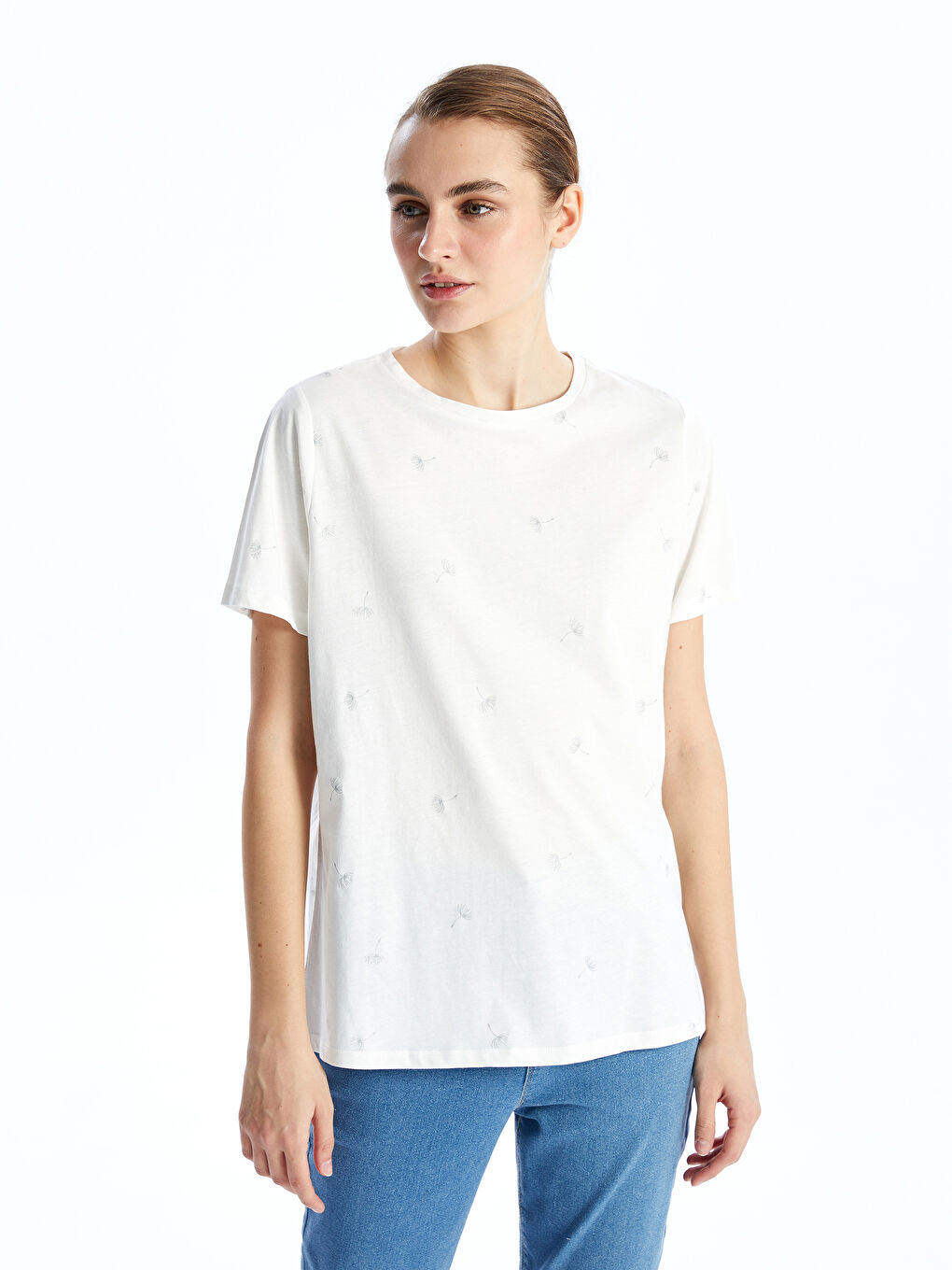 Crew Neck Patterned Jersey Women's T-Shirt -S5AG52Z8-R9J