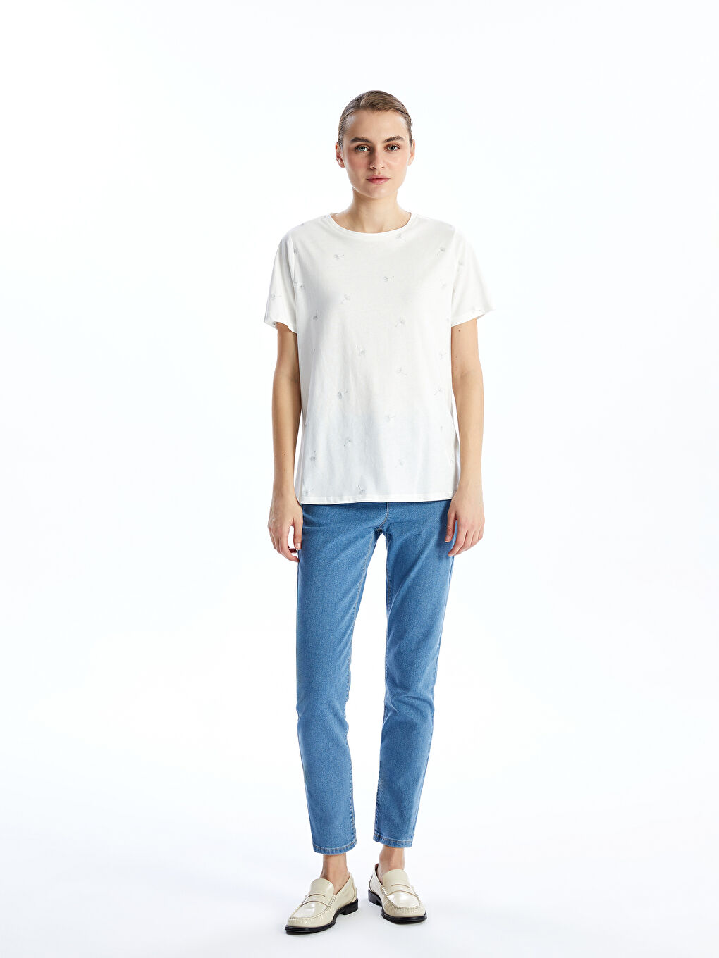 Crew Neck Patterned Jersey Women's T-Shirt -S5AG52Z8-R9J