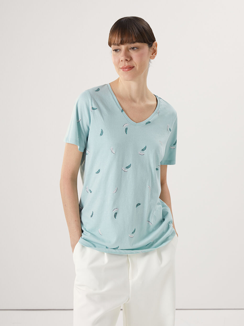 V-Neck Floral Short Sleeve Women's T-Shirt -S5AG53Z8-FFV