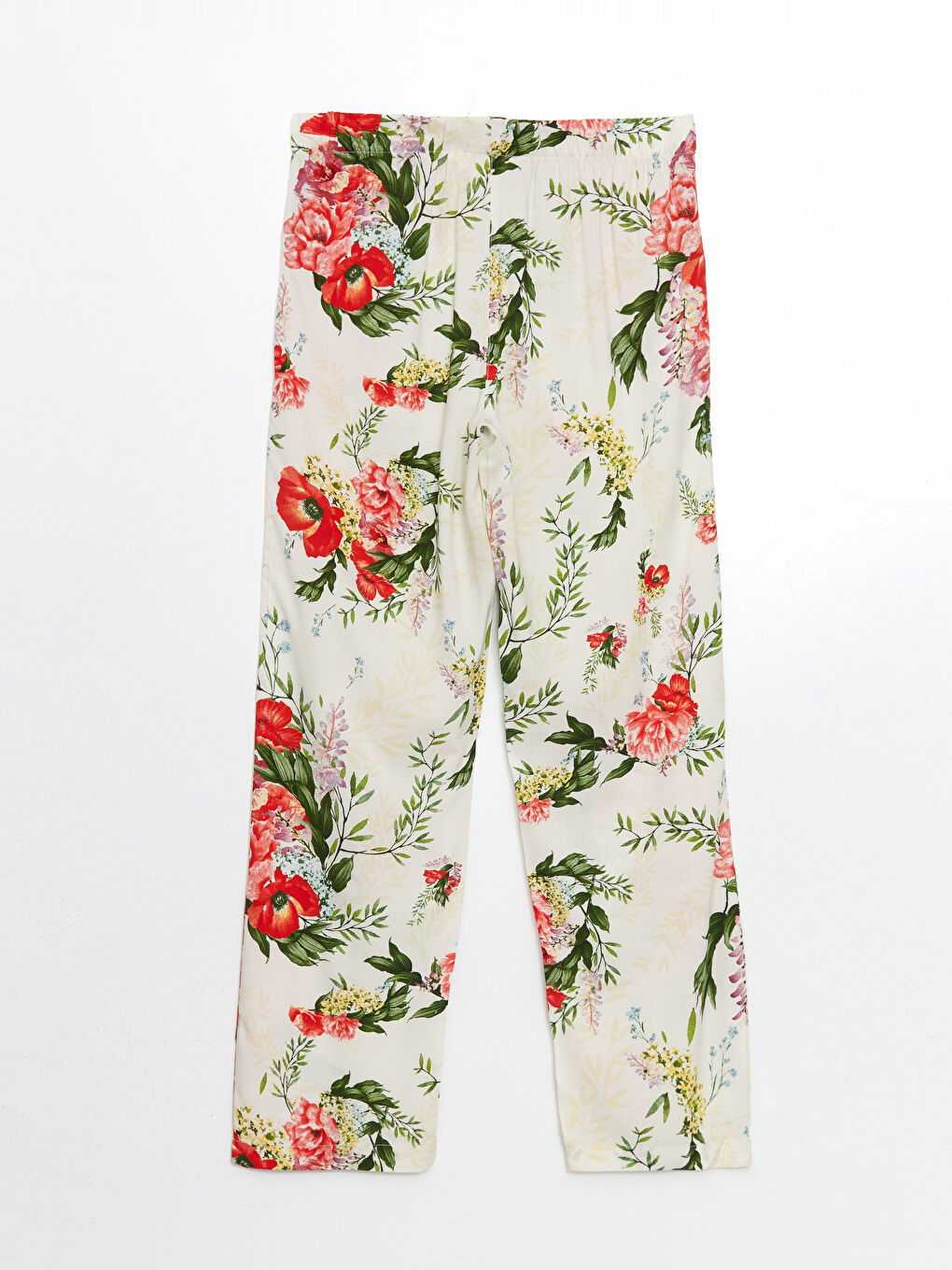Ekru Beli Lastikli Çiçekli Kadın Pijama Altı-1