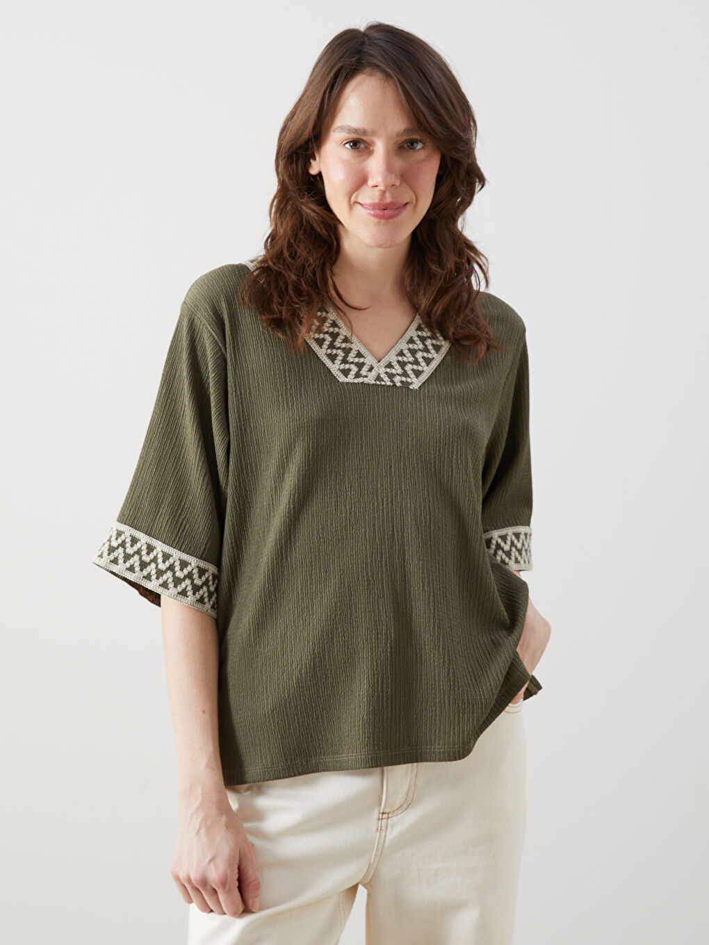 V-Neck Patterned Women's Blouse -S5AI73Z8-JYN
