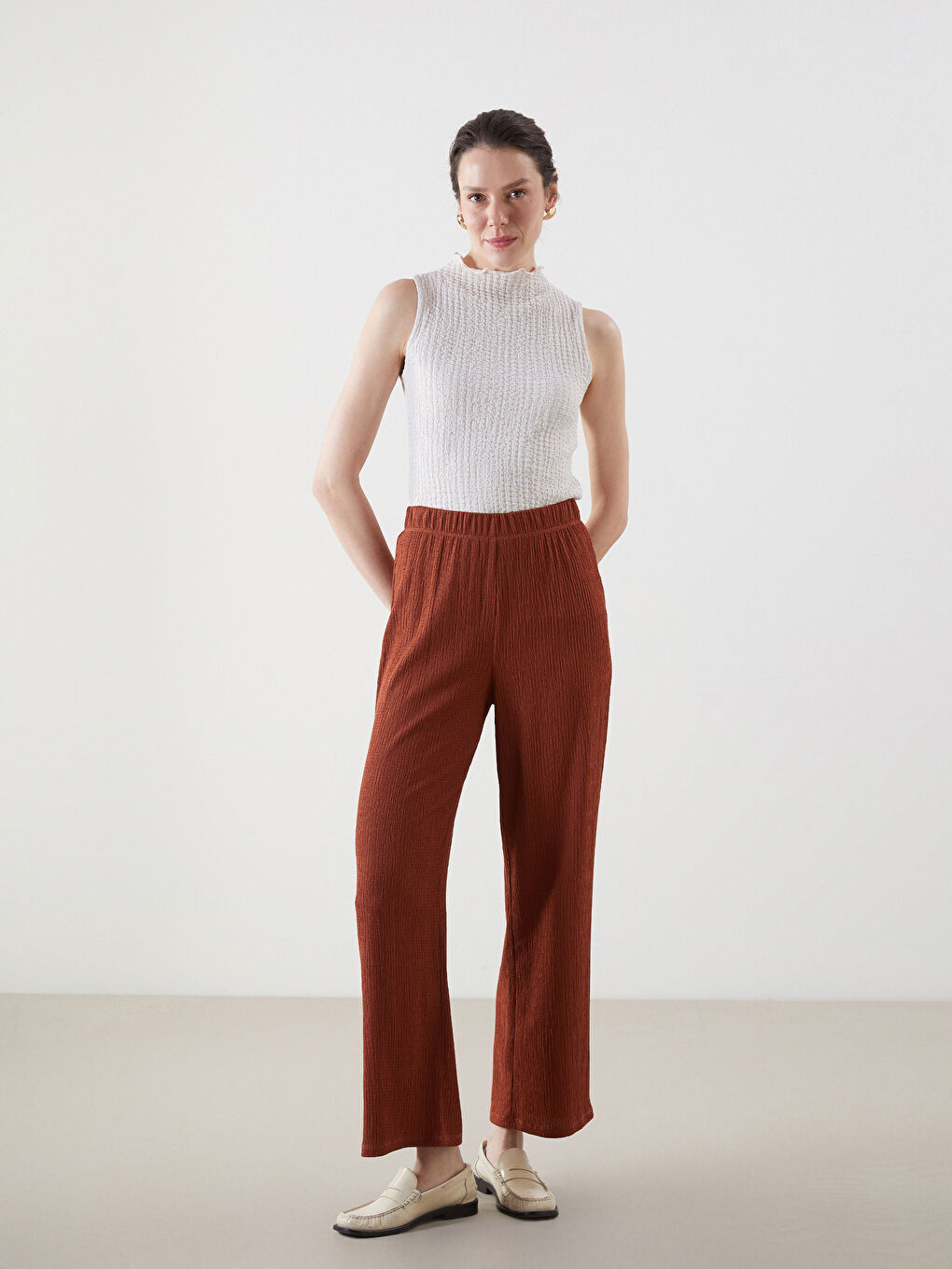 Elastic Waist Textured Women's Trousers -S5AI78Z8-R1W