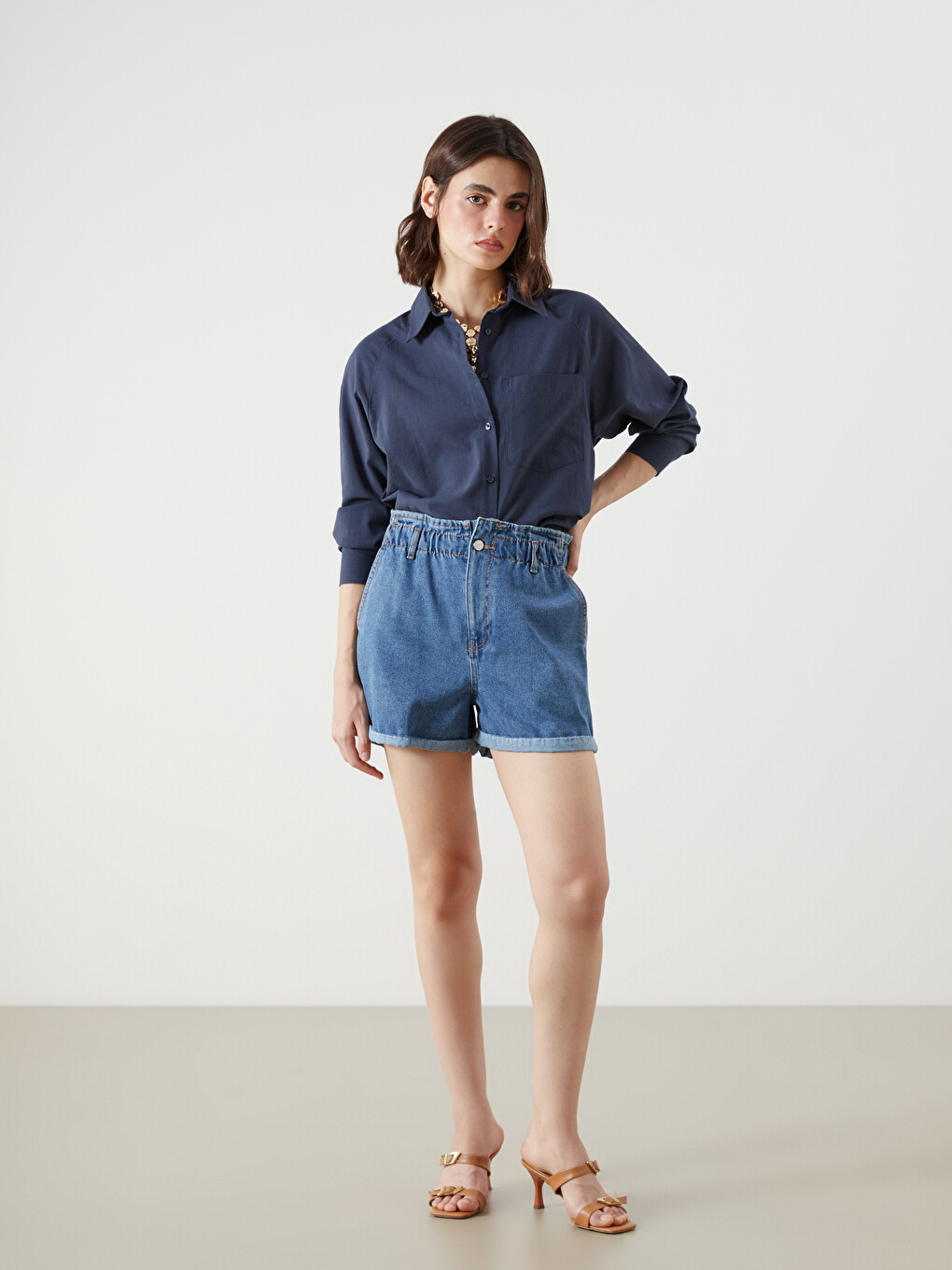 Elastic Waist Women's Jean Shorts-1