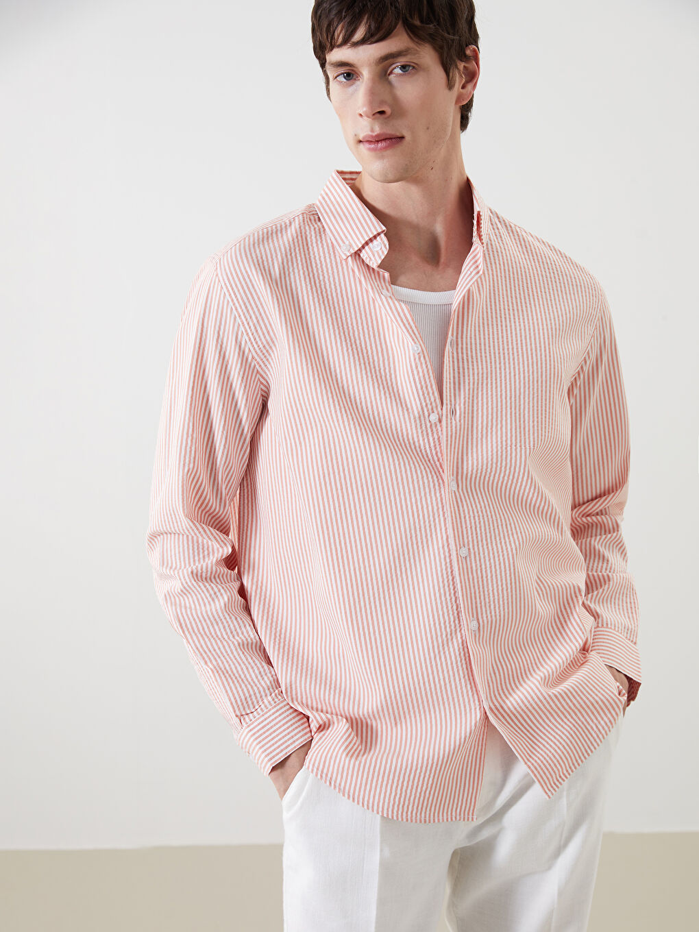 Pembe Regular Fit Uzun Kollu Çizgili Erkek Gömlek