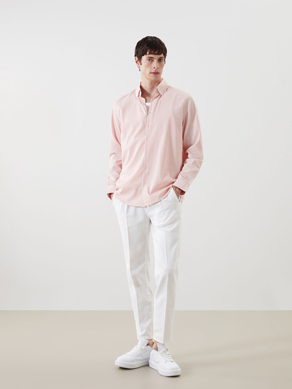 Pembe Regular Fit Uzun Kollu Çizgili Erkek Gömlek-1