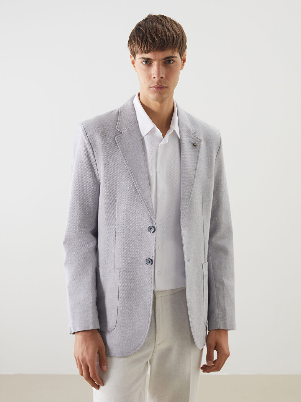 Gri Standart Kalıp Keten Görünümlü Erkek Blazer Ceket