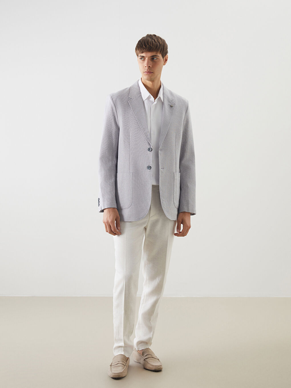 Gri Standart Kalıp Keten Görünümlü Erkek Blazer Ceket-1