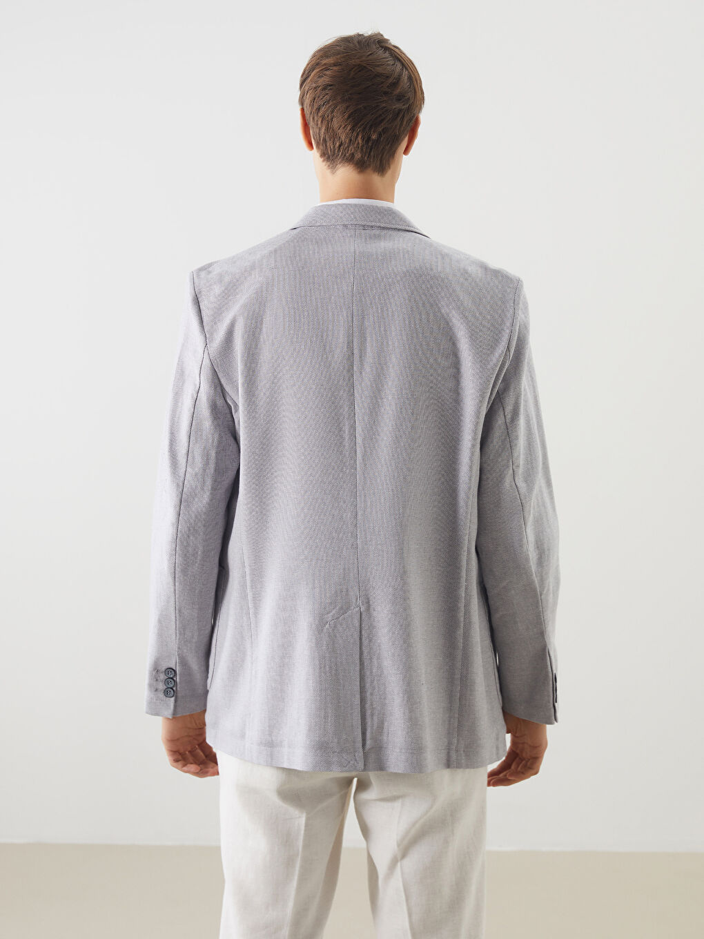 Gri Standart Kalıp Keten Görünümlü Erkek Blazer Ceket-4