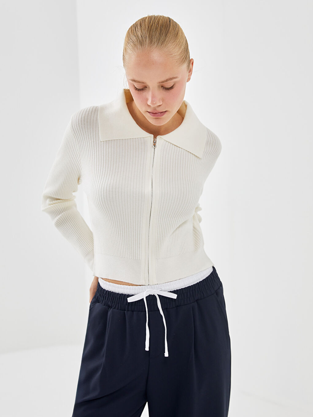Funnel Neck Ribbed Women's Knitwear Cardigan -S5AP40Z8-R9J