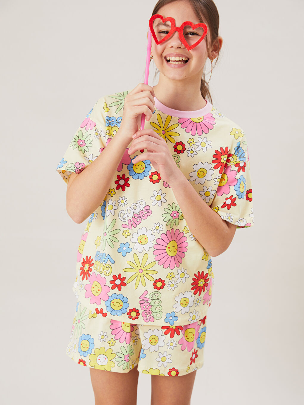 Crew Neck Floral Girls' Shortie Pyjama Set -S5AP58Z4-LU9