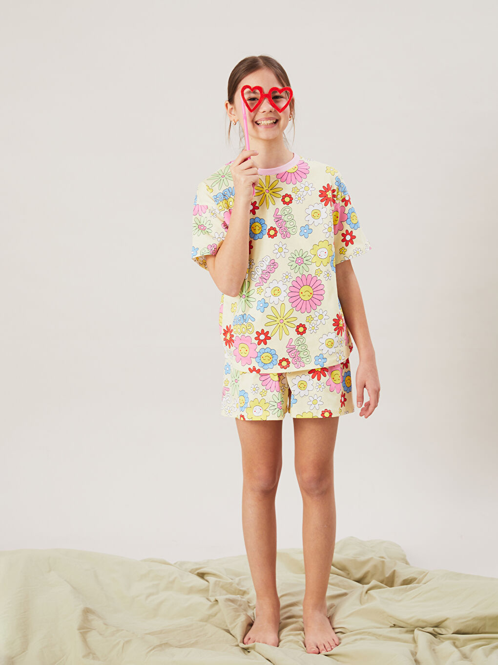 Crew Neck Floral Girls' Shortie Pyjama Set -S5AP58Z4-LU9