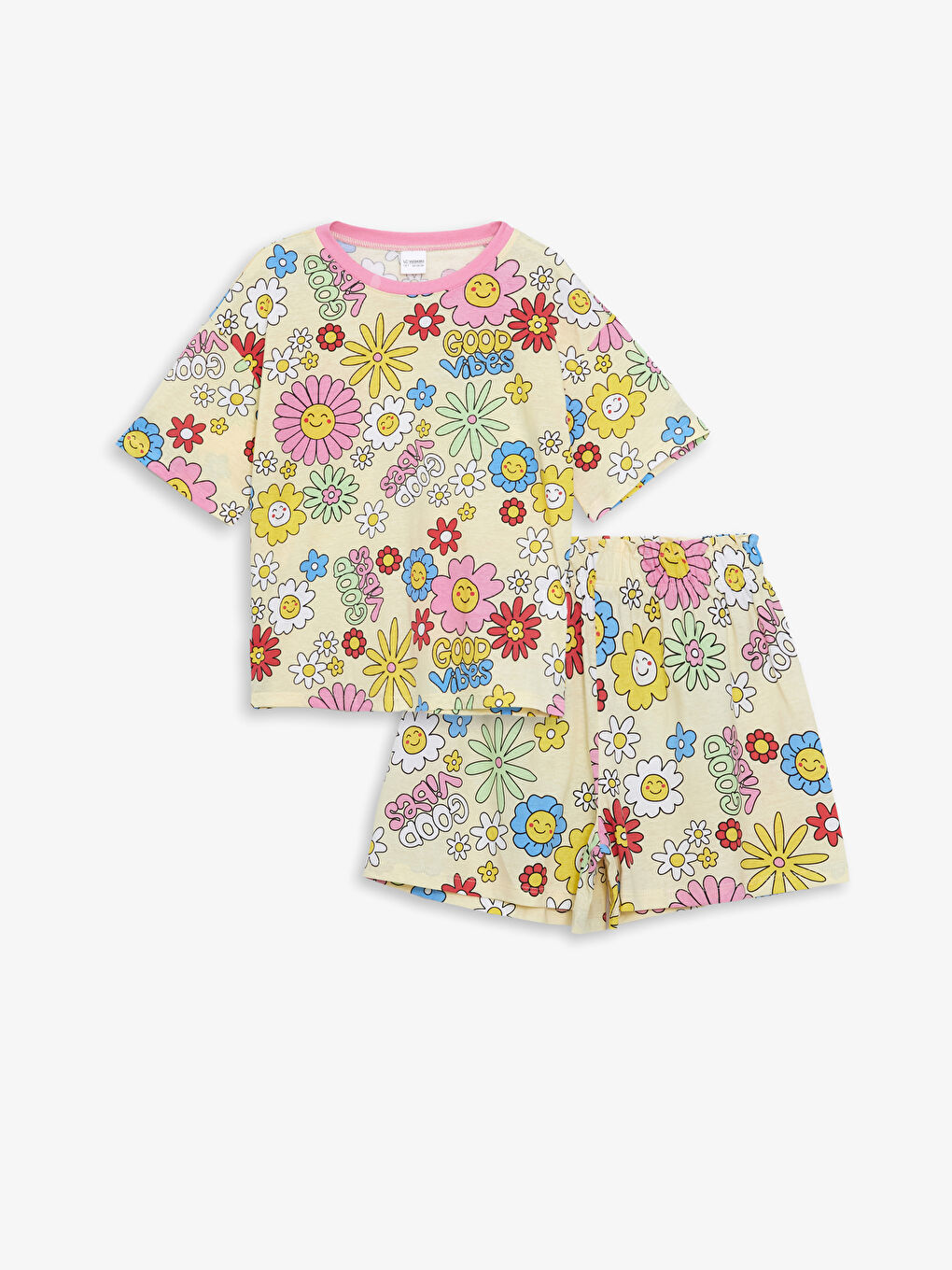 LCW Kids Sarı Bisiklet Yaka Çiçekli Kız Çocuk Şortlu Pijama Takımı